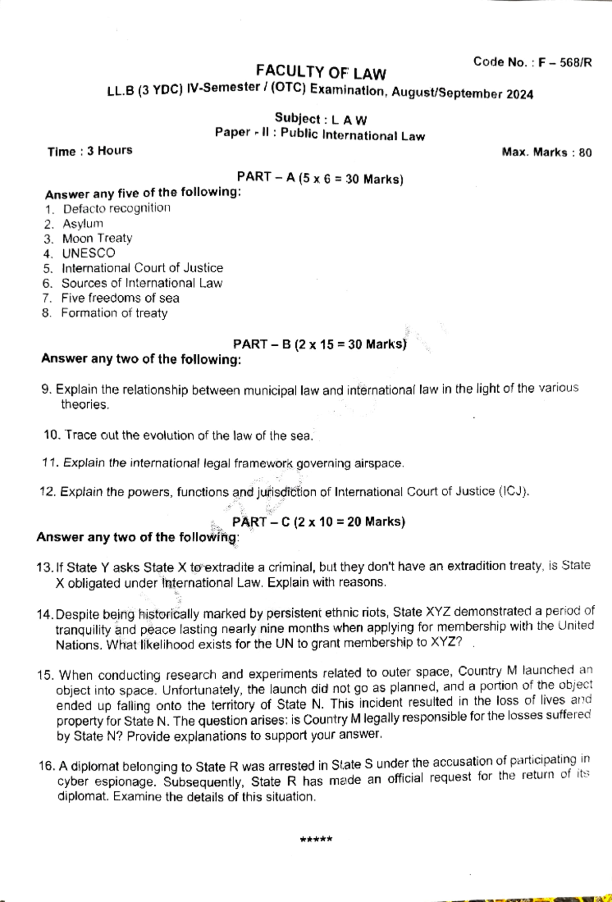 4th Semester Public International Law (LLB) Exam Questions - F-568/R ...