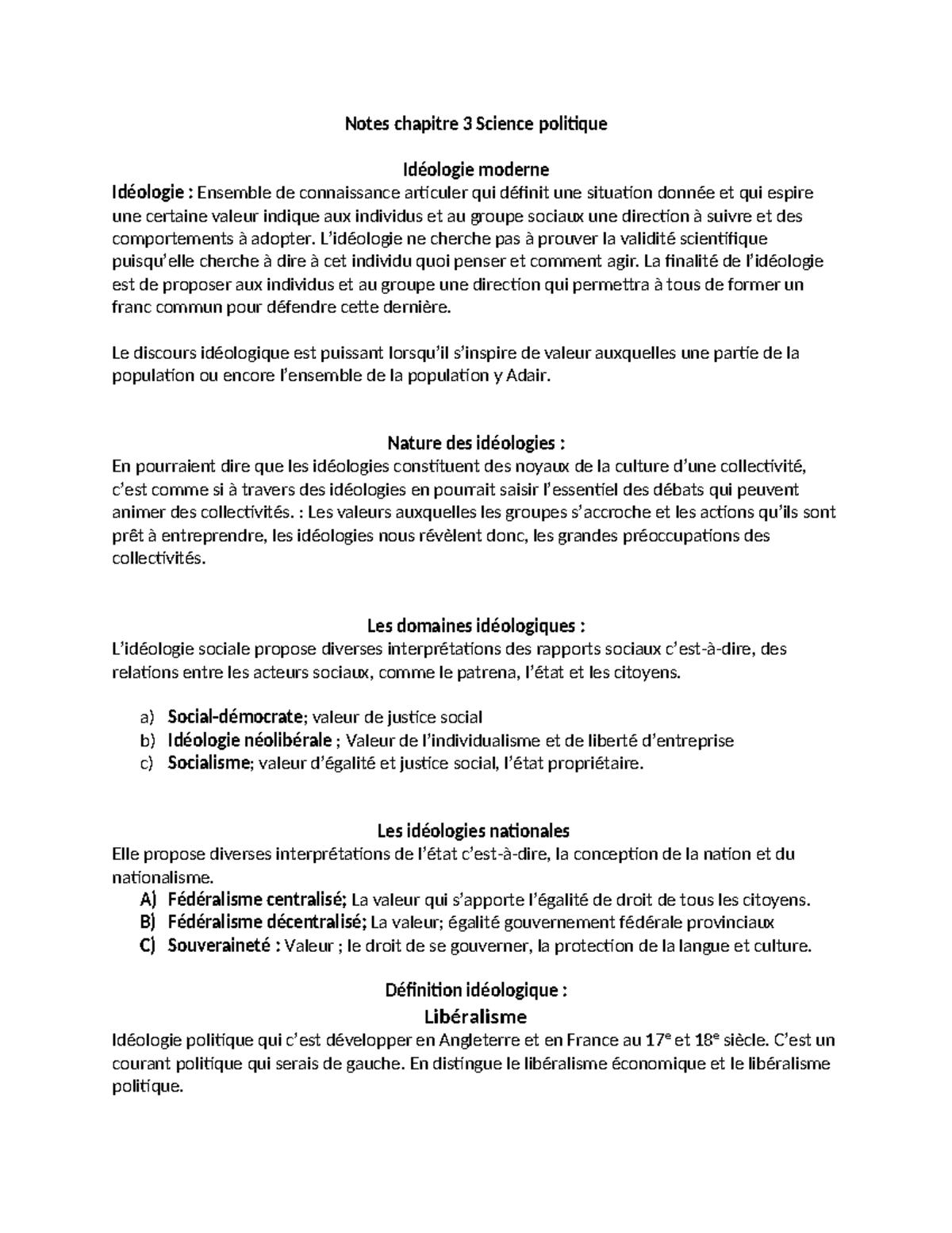 Notes de Science Politique - Chapitre 3 : Idéologies Modernes et ...