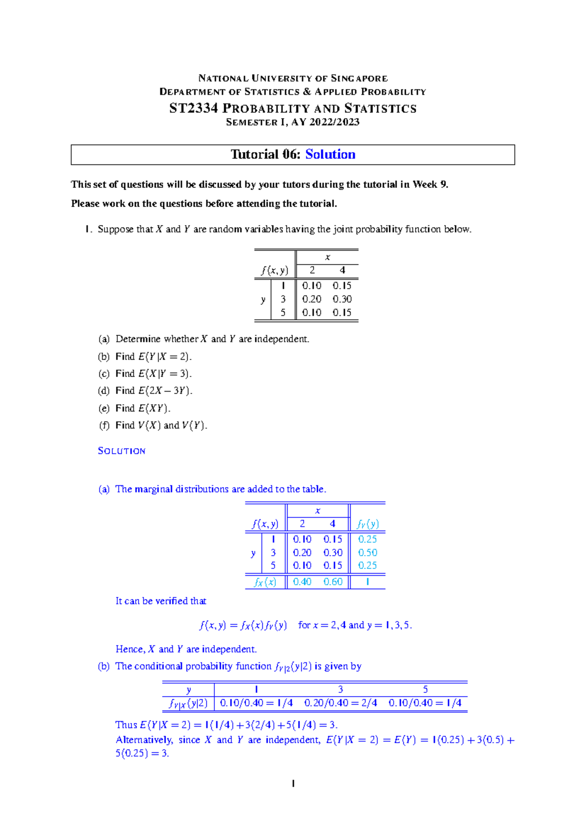 ST2334 Tutorial 06 Solutions - Probability & Statistics - Studocu