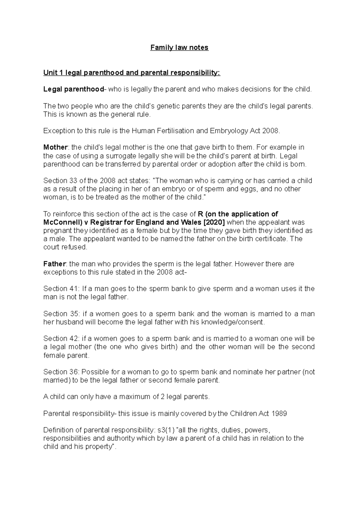 Family law notes - Family law notes Unit 1 legal parenthood and ...