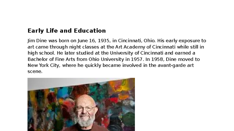 Jim Dine: Early Life, Education, and Artistic Evolution - Studocu