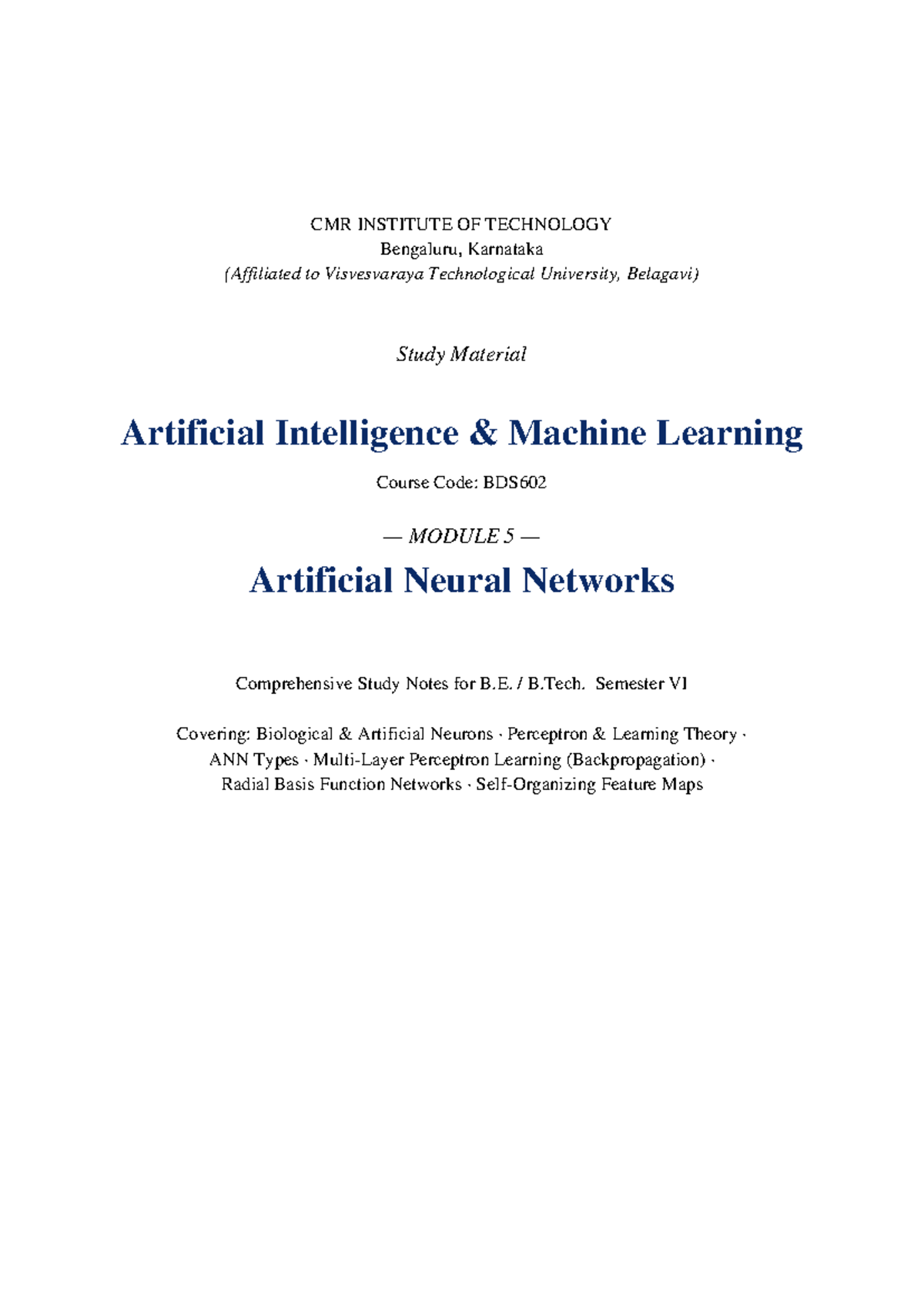 AIML 5 - Comprehensive Study Notes on Artificial Neural Networks - Studocu