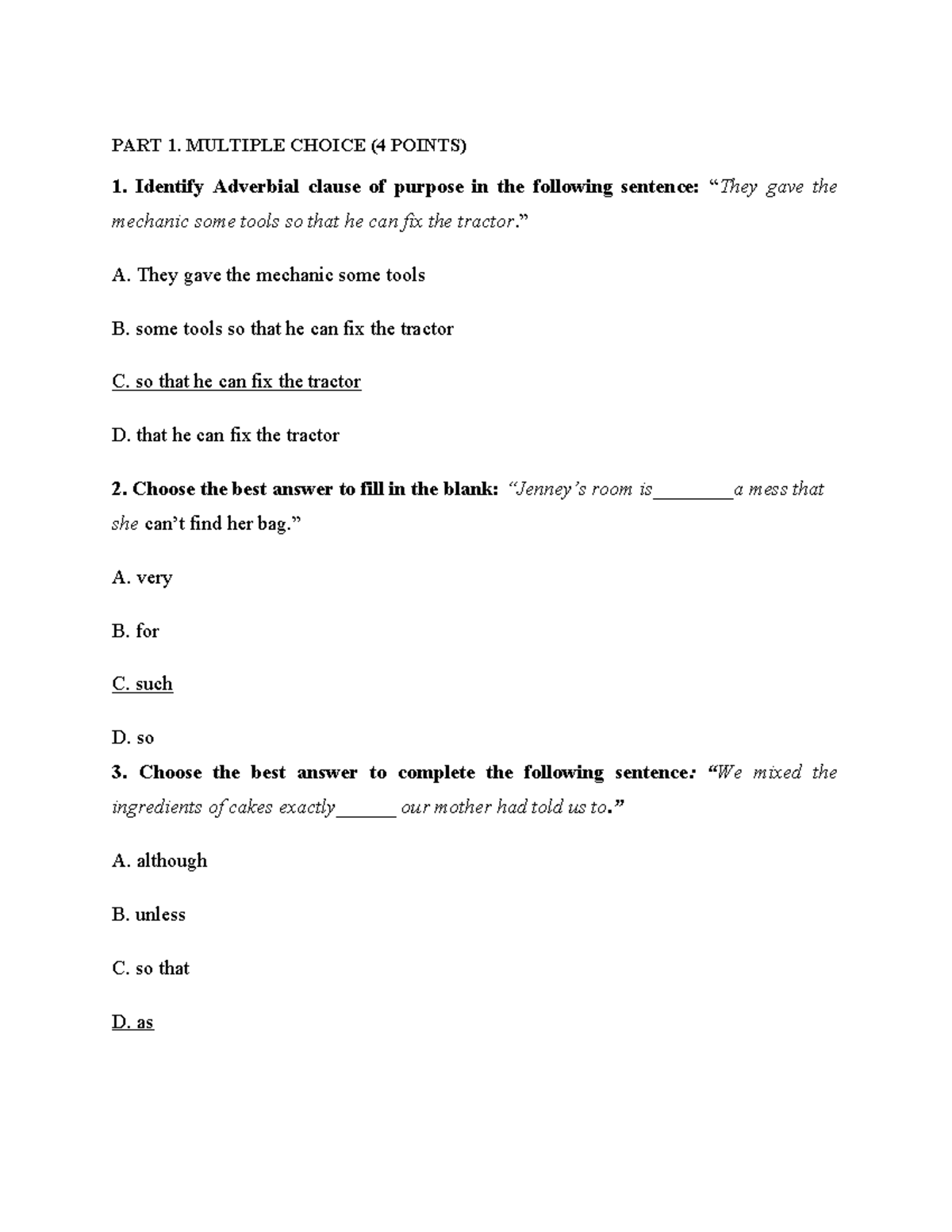 A Sample Test 2+Key: Adverbial Clauses & Essay Writing - Studocu