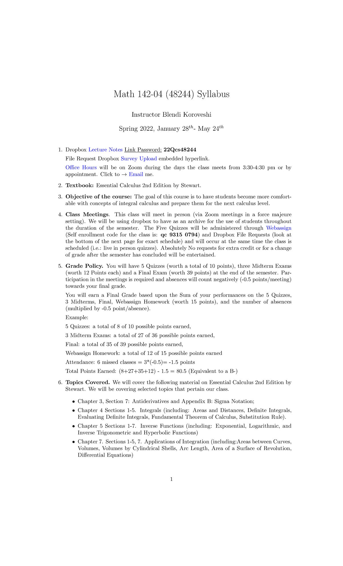 Math 142-04 Spring 2022 Syllabus and Course Overview - Studocu