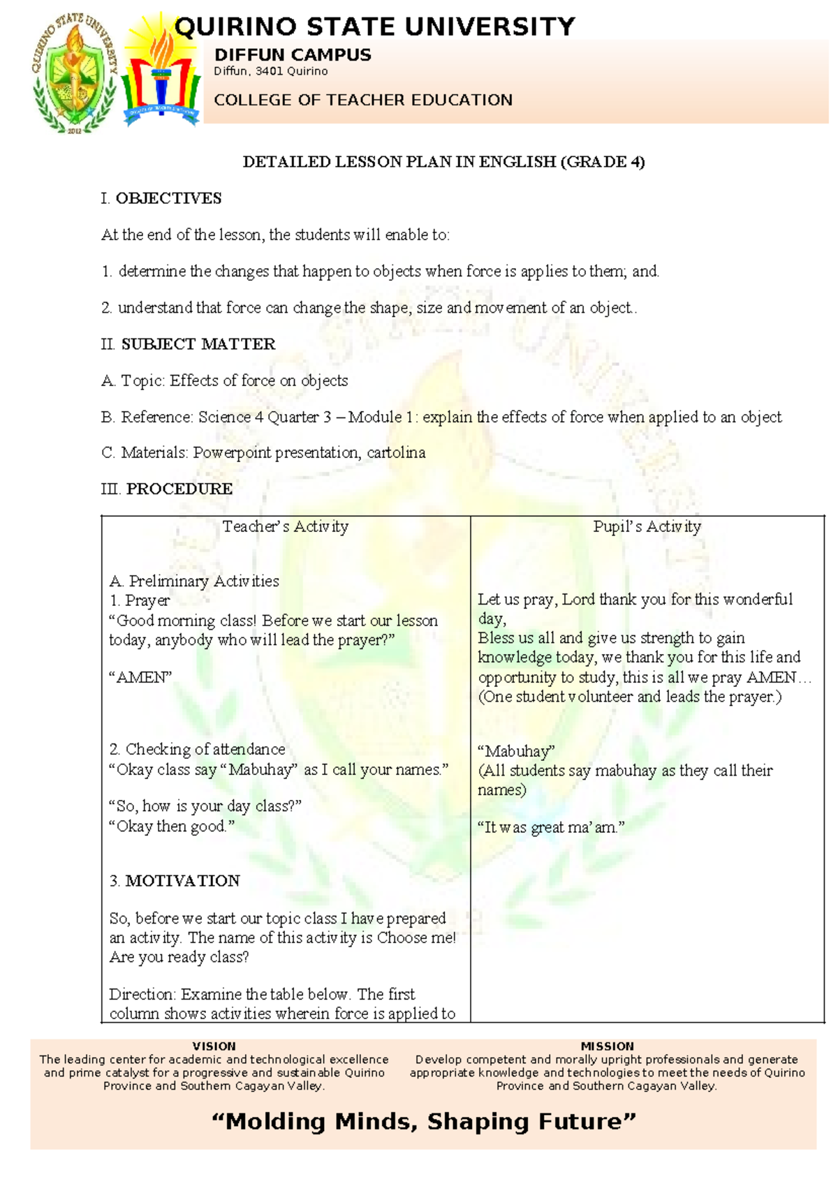 LP - Science 4 - Detailed Lesson Plan: Effects of Force on Objects ...