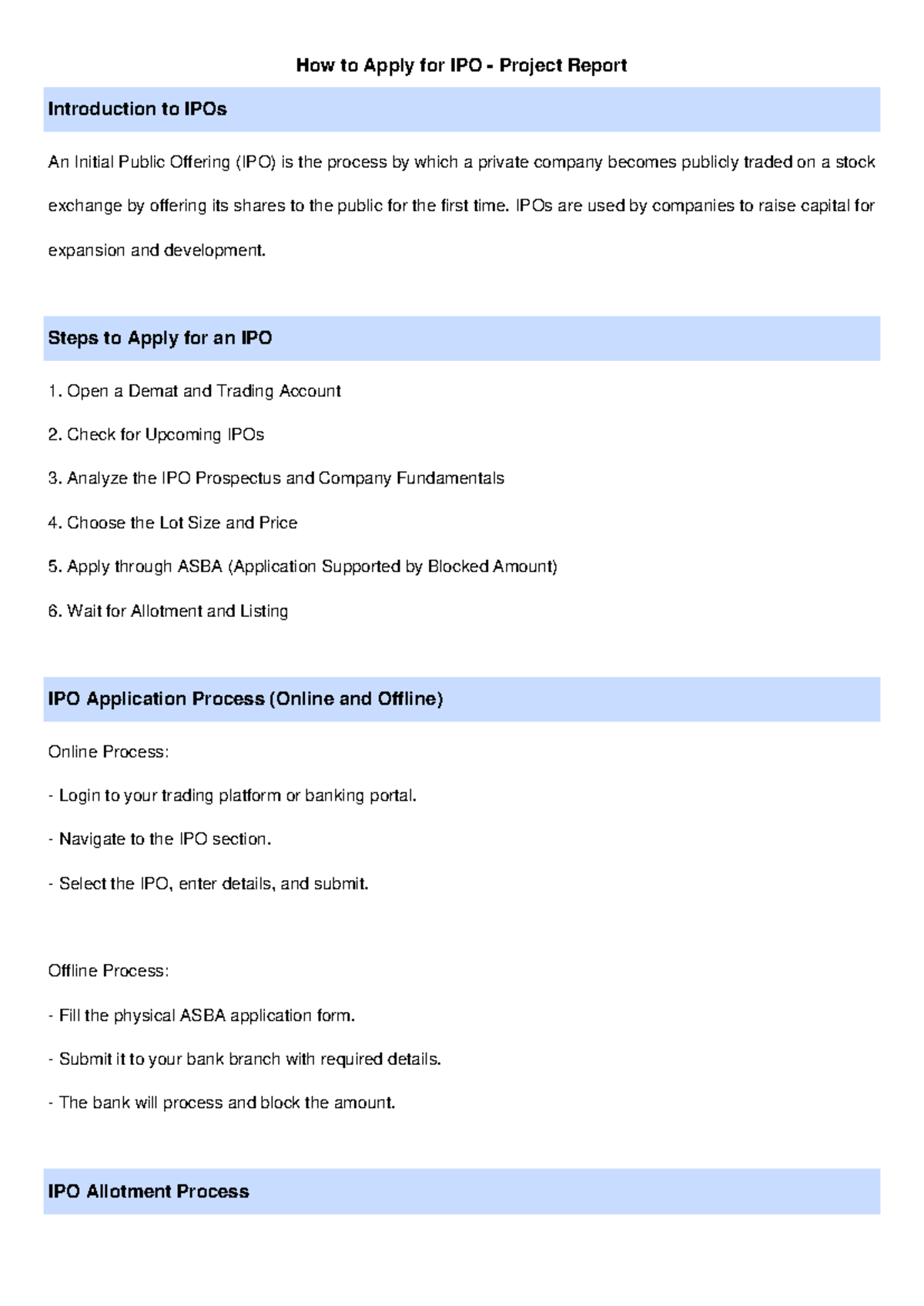 How to Apply for IPO: A Comprehensive Project Report on IPOs - Studocu