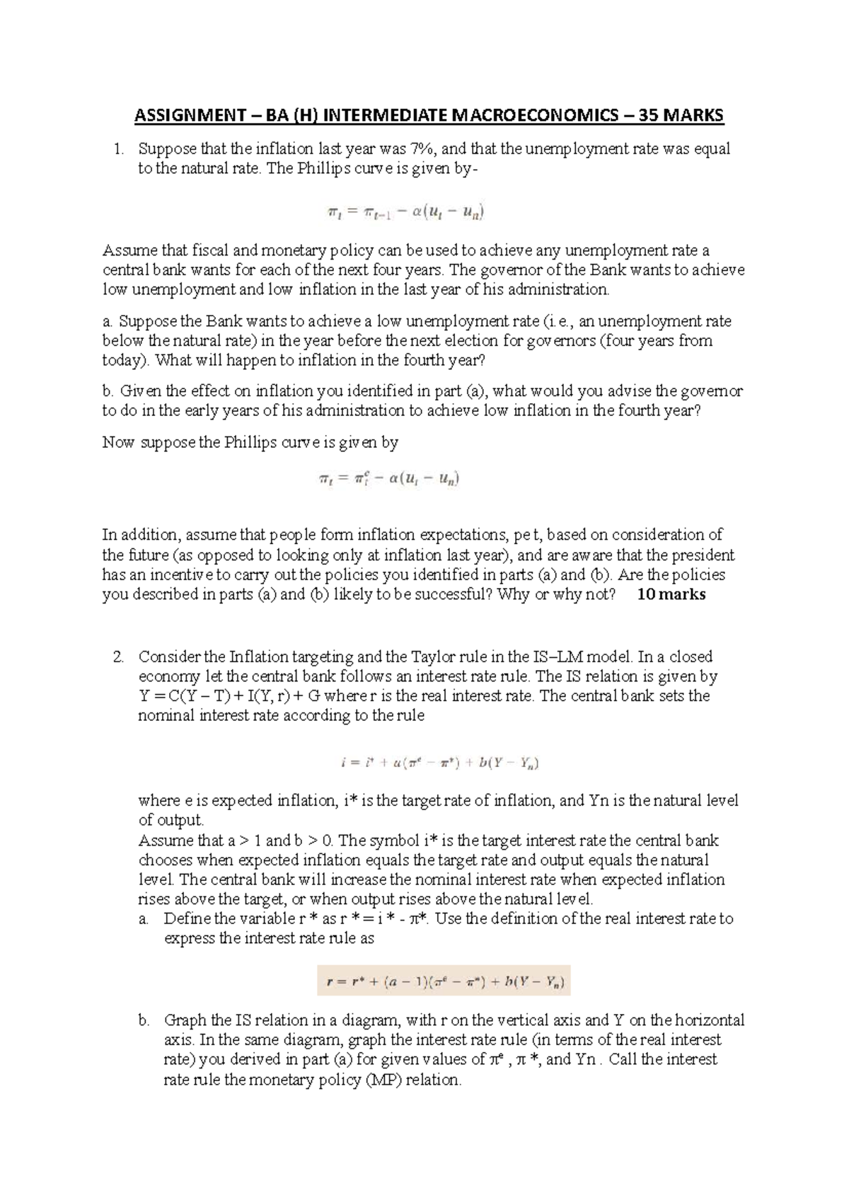 ASSIGNMENT BA (H) INTERMEDIATE MACROECONOMICS: Key Questions & Analysis ...
