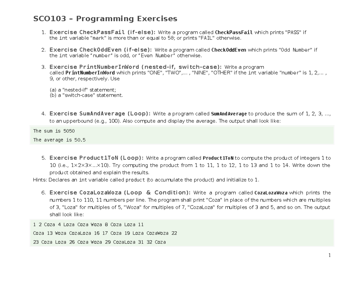 SCO103 Practical Programming Exercises Overview - Studocu