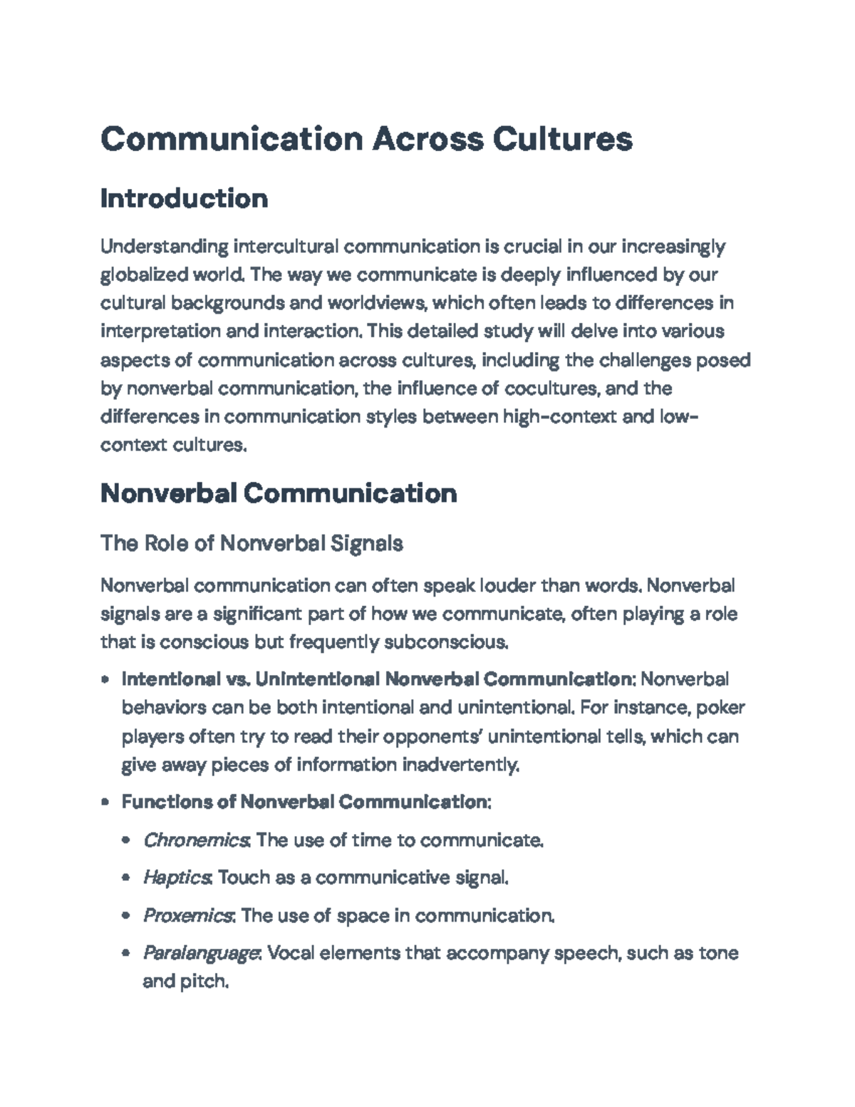 Intercultural Comm: Nonverbal Signals & Cocultures Overview - Studocu