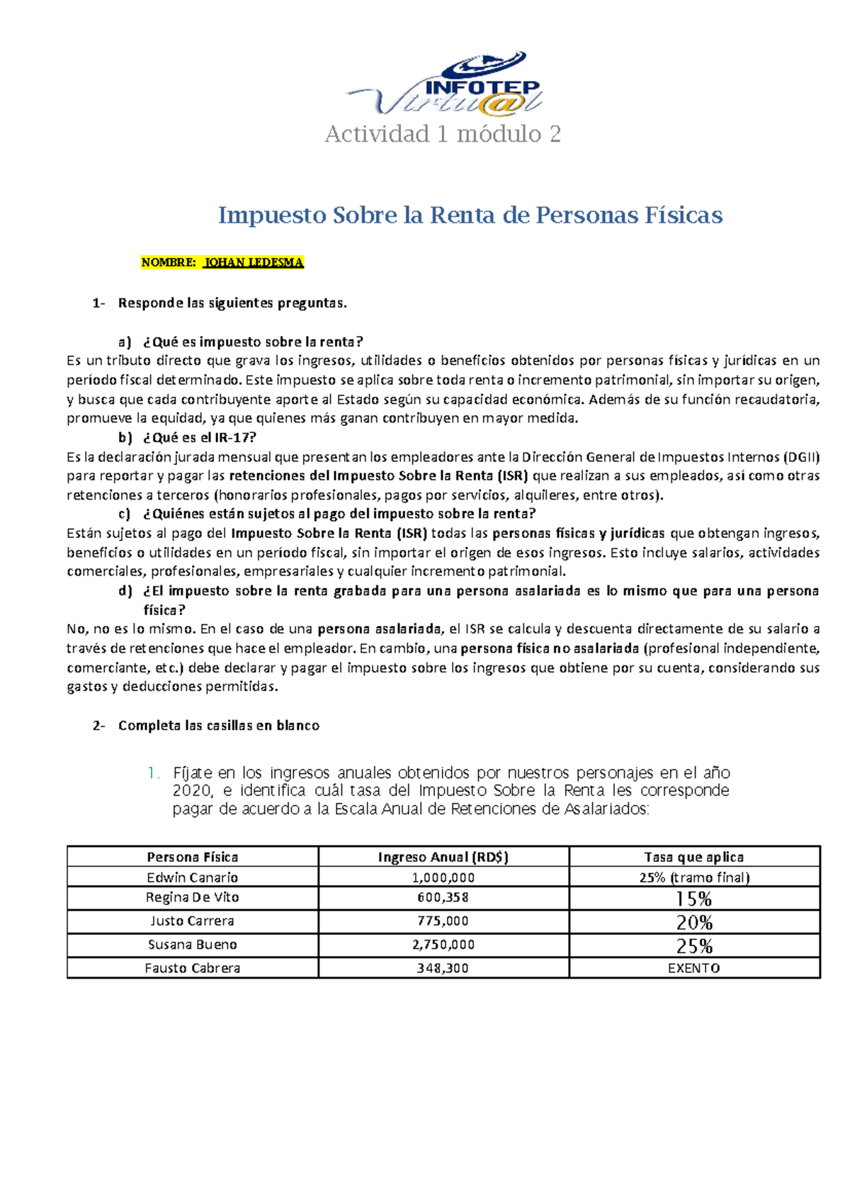 Actividad 1 Módulo 2 - Impuesto Sobre la Renta: Tarea de Análisis - Studocu
