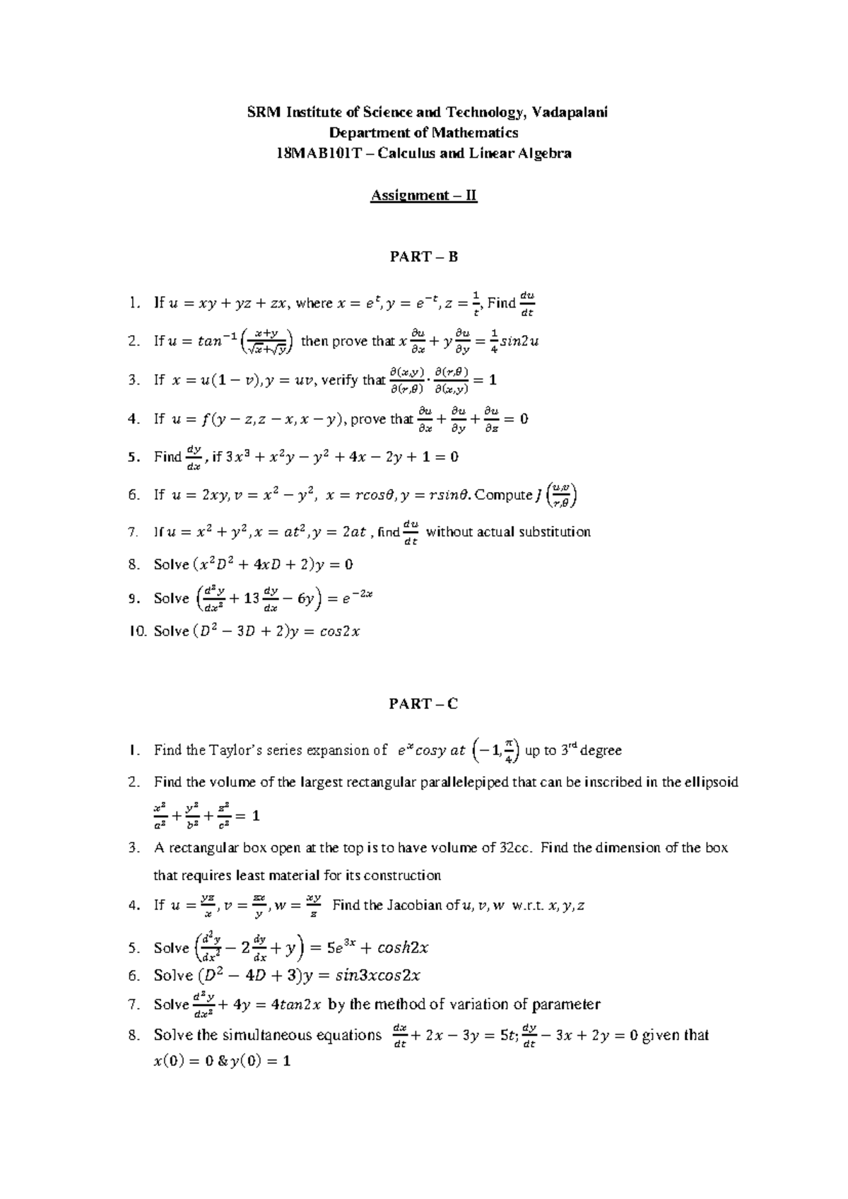 18MAB101T - Assignment II (Unit II,III) - SRM Institute of Science and ...