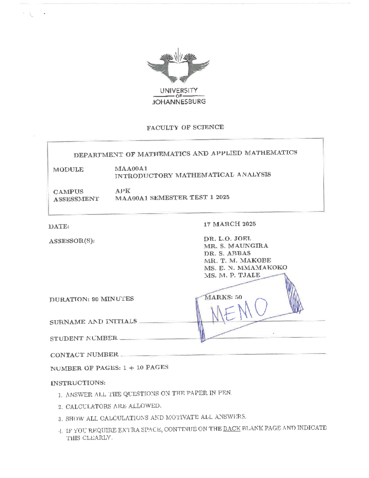 MAA00A1 Introductory Mathematical Analysis Test 1 Memo - 17 March 2025 ...