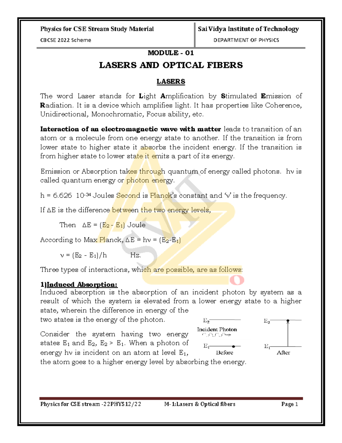 Bphys 102 Module 1-5: Study Material on Lasers & Optical Fibers - Studocu