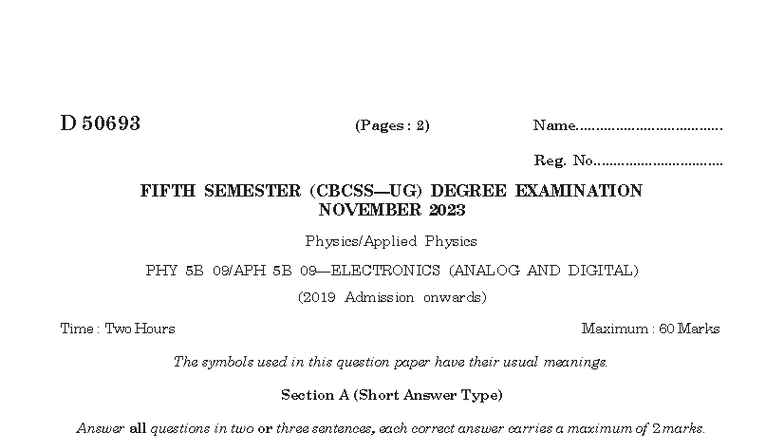 PHY 5B - Fifth Semester Exam QP Nov 2023: Analog & Digital Electronics ...