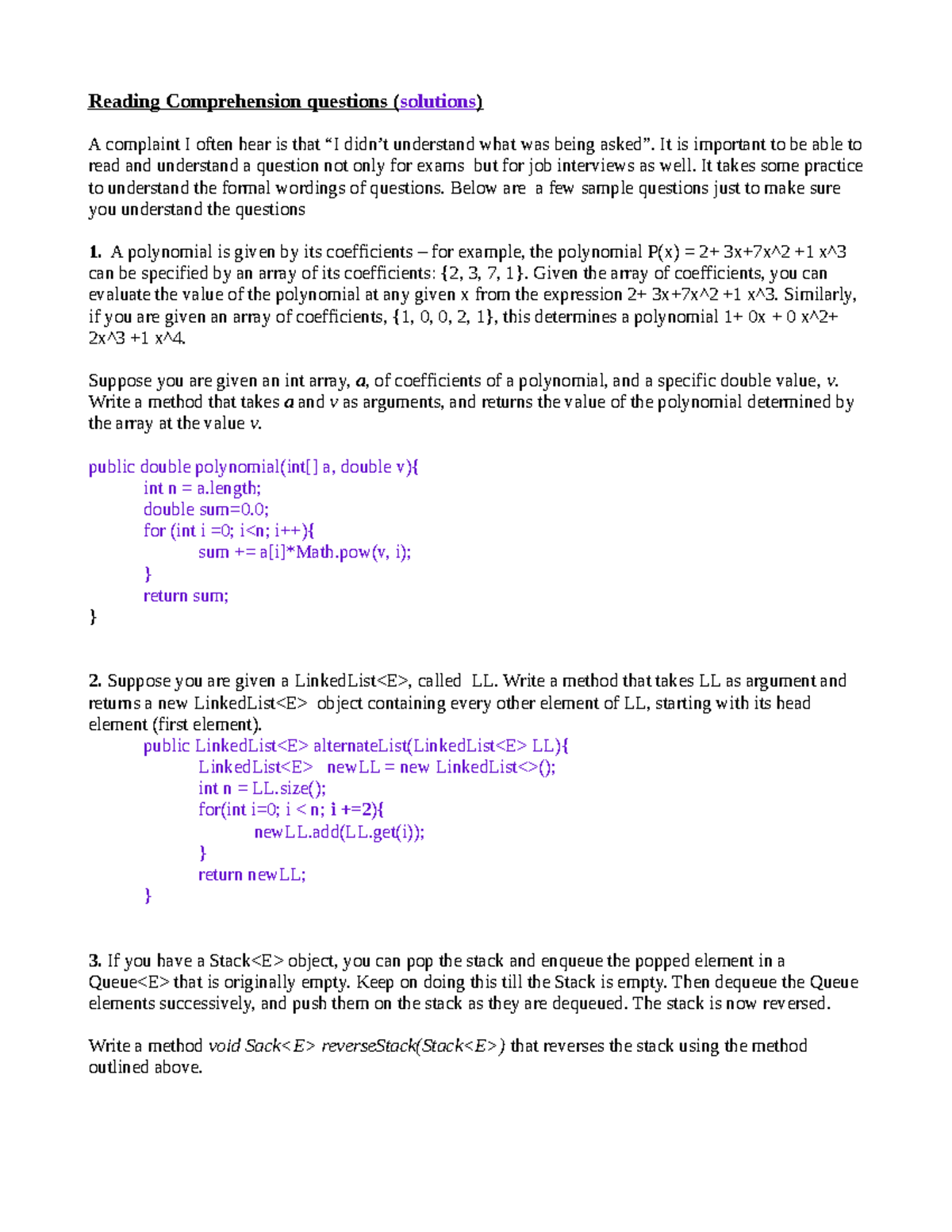 Reading Comprehension Questions and Solutions for CS101 - Reading ...
