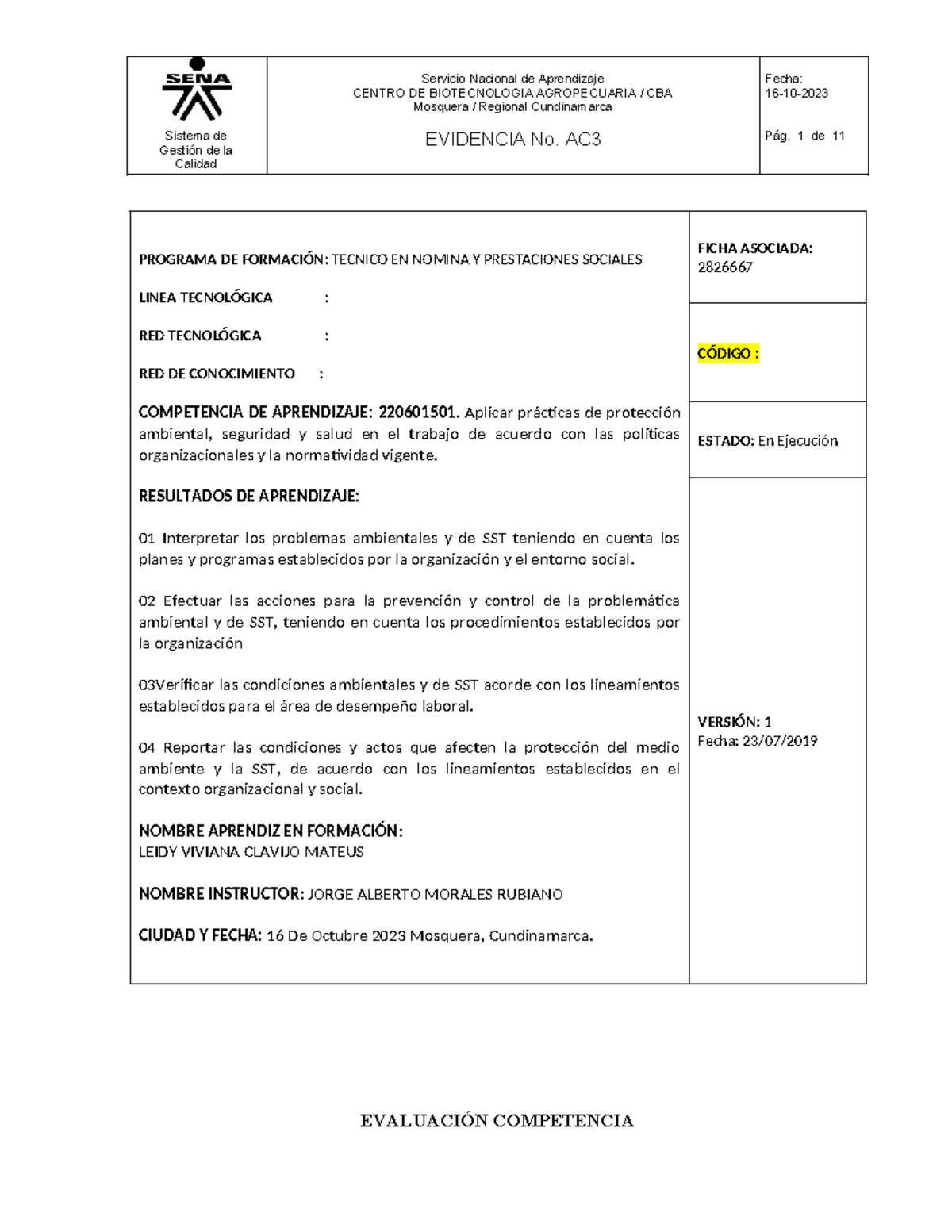 Evidencia No. AC3: Seguridad y Salud en el Trabajo - CBA 2023 - Studocu