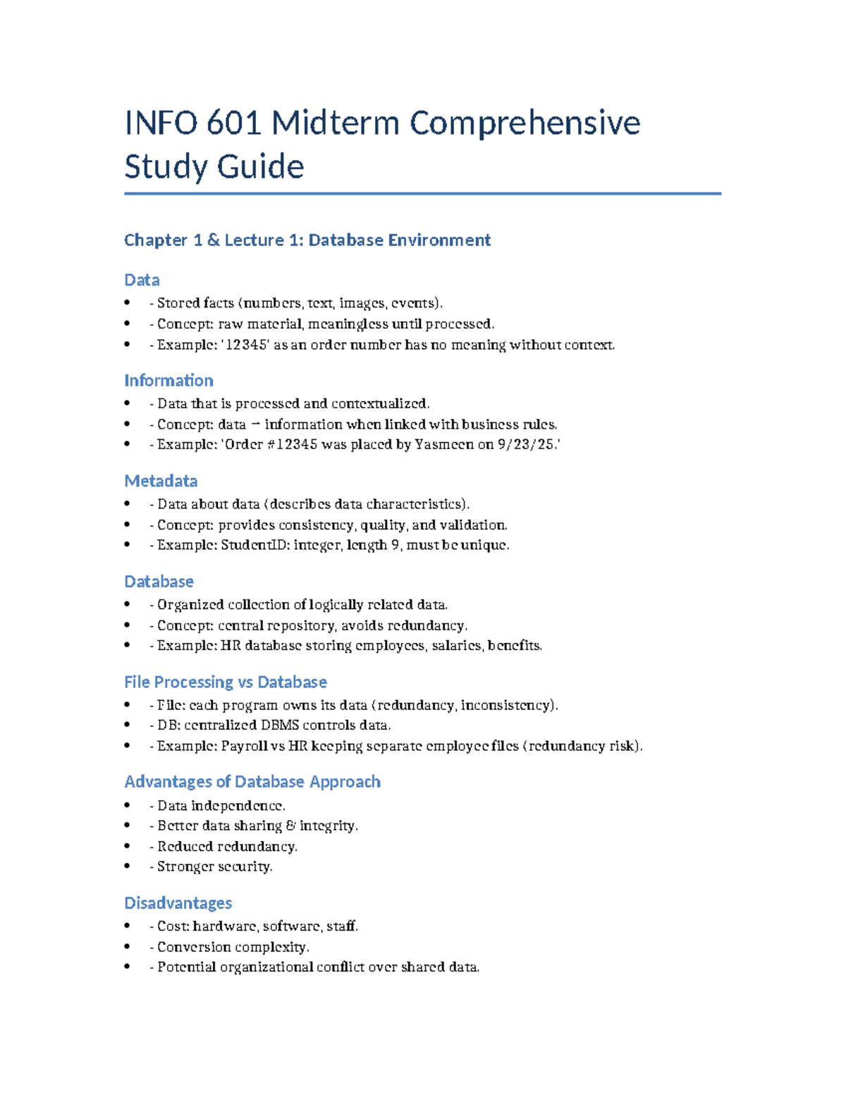 INFO 601 Midterm Comprehensive Study Guide: Database Concepts ...