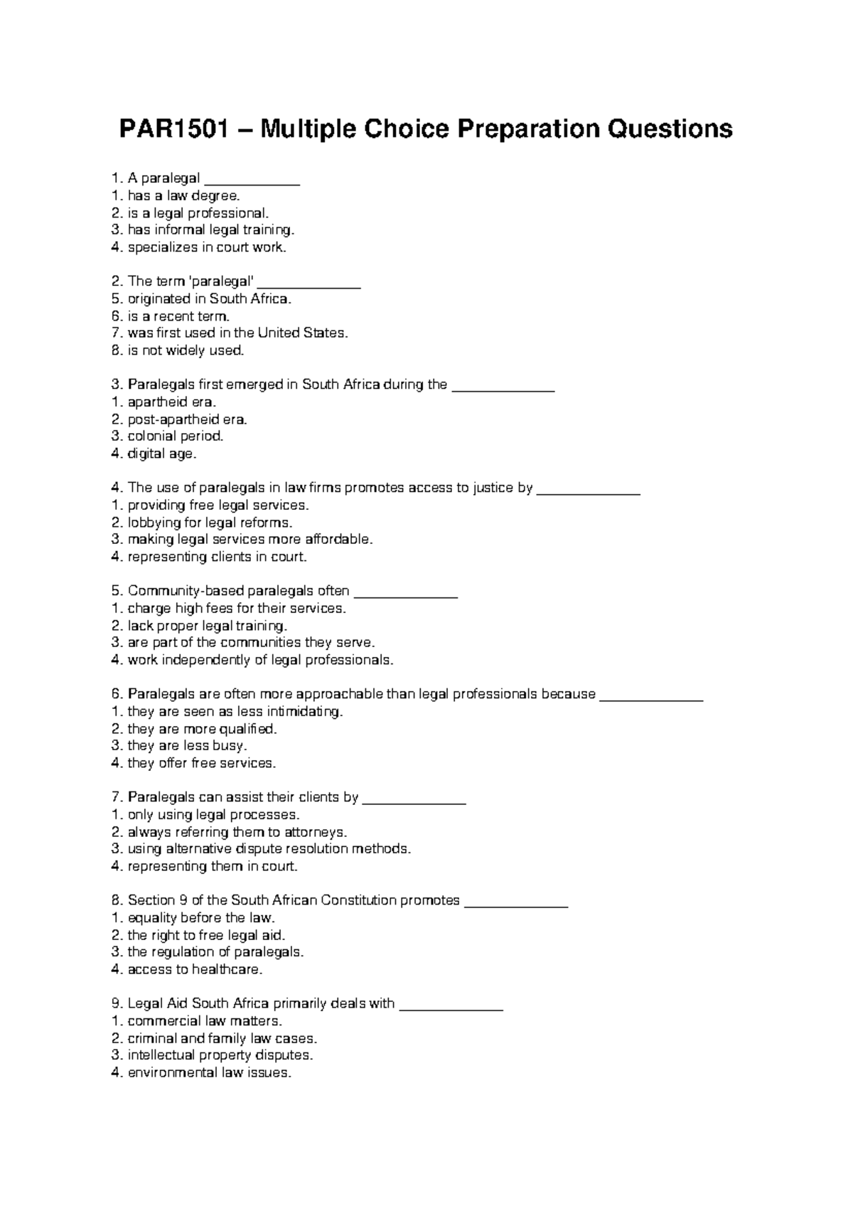 PAR1501 Multiple Choice Questions on Paralegals and Legal Aid - Studocu