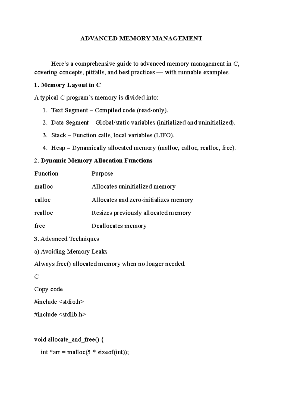 Advanced Memory Management (C) - Concepts, Techniques & Best Practices ...