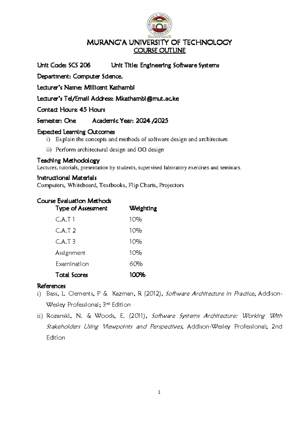 SCS 206 Engineering Software Systems Course Outline & Notes - Studocu