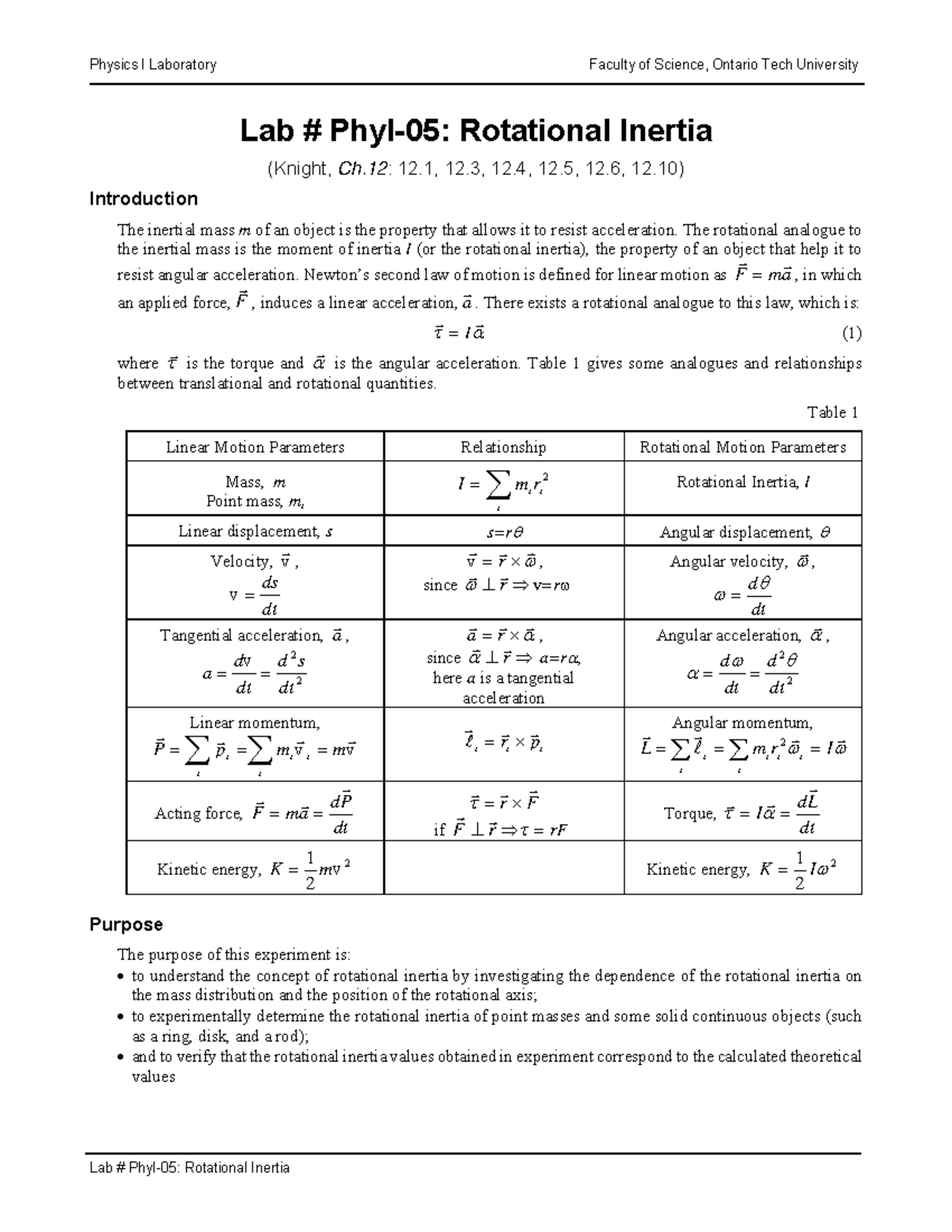 Rotational Inertia - lab 4, physics 1 - Lab # PhyI-05: Rotational ...