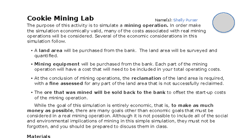 Cookie Mining Lab 1: Economic Simulation and Reclamation Activities ...