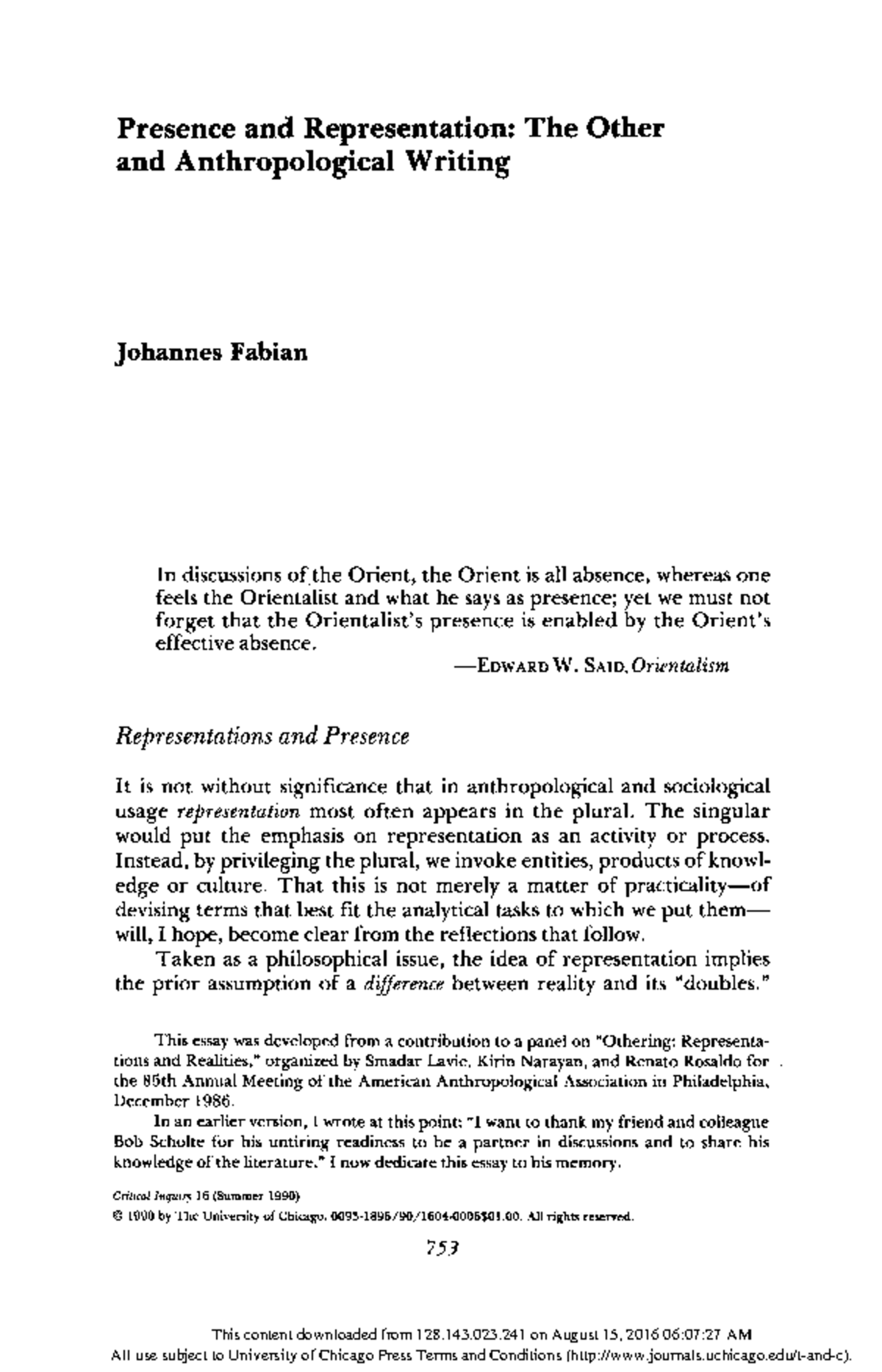 Presence and Representation: Analyzing Otherness in Anthro Writing ...