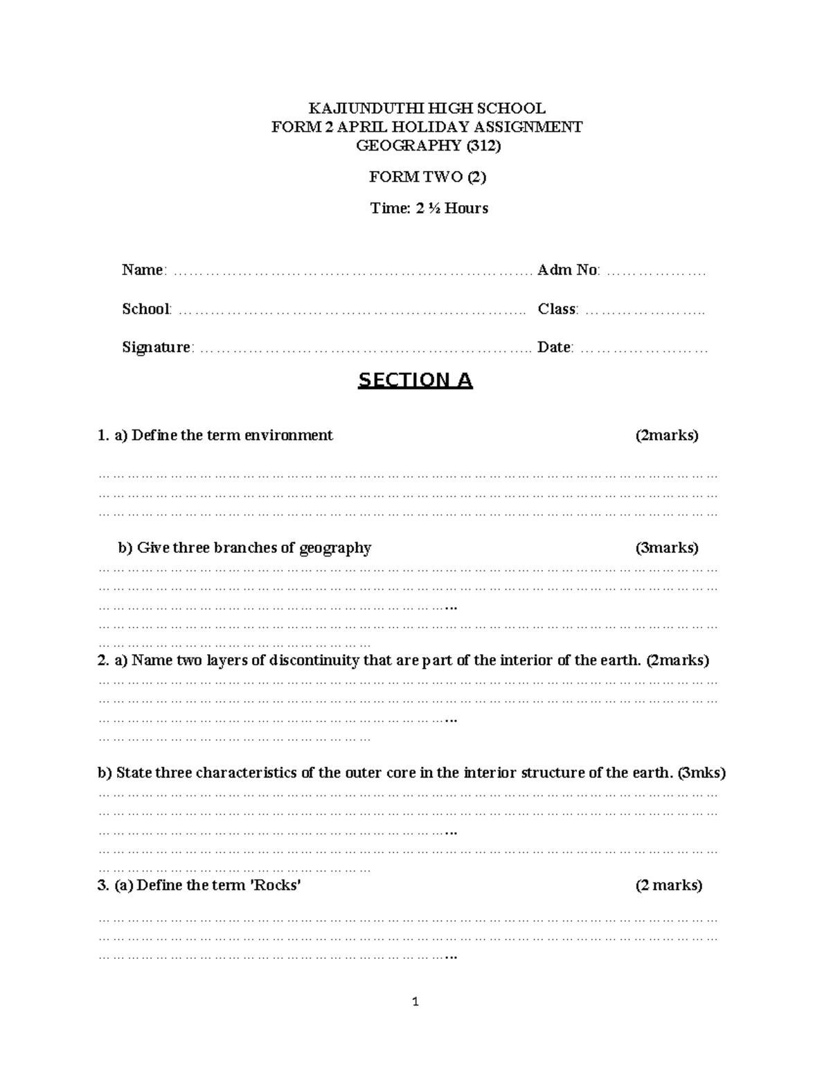 Form 2 Geography Holiday Assignment (312) - April 2023 - Studocu