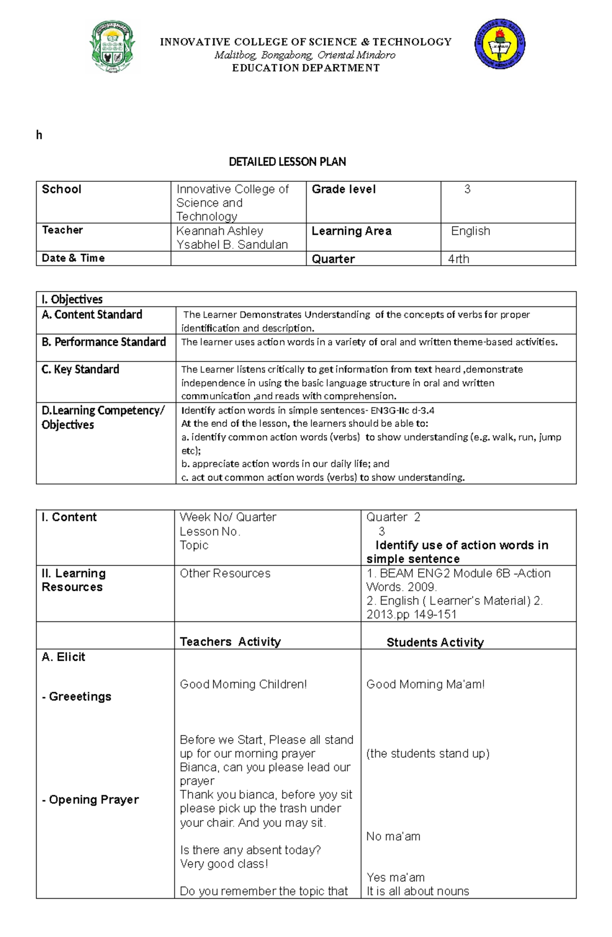 Detailed Lesson Plan: English - Action Words (Quarter 4) - Studocu