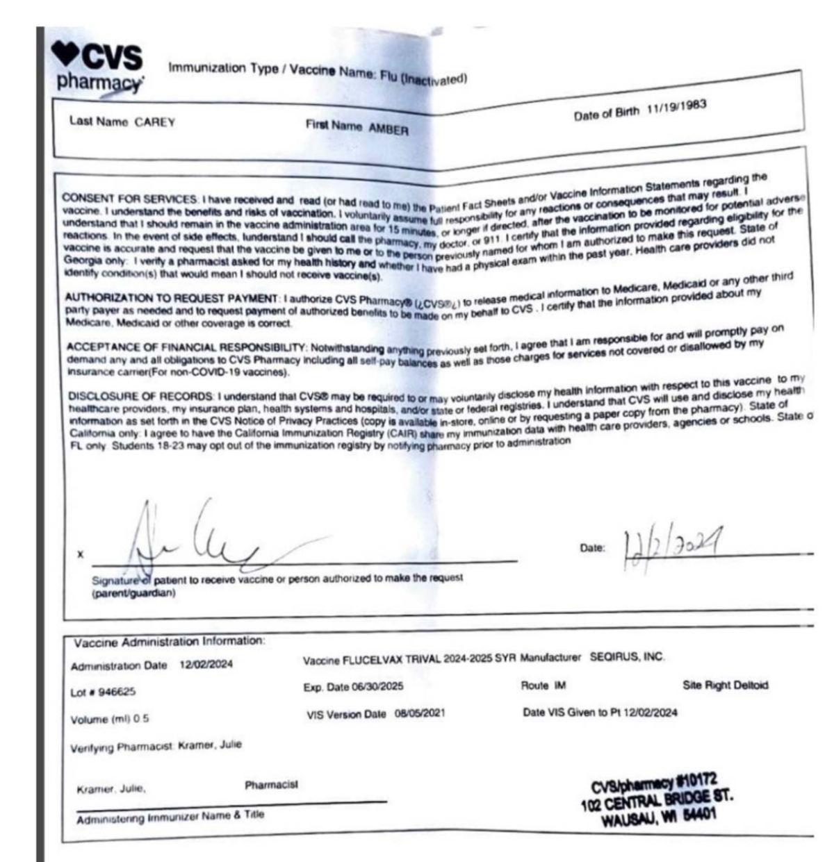 CVS Pharmacy Immunization Record for Amber Carey (D41291993) - Studocu