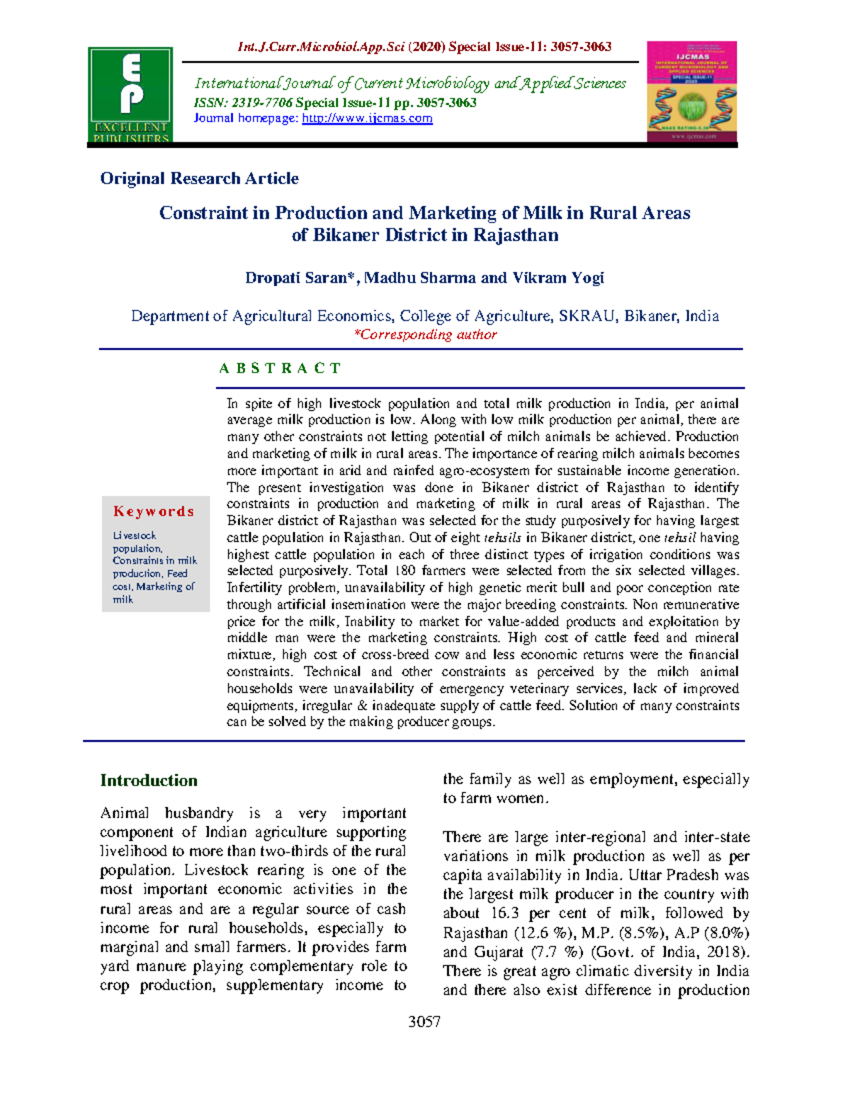Constraints in Milk Production & Marketing in Bikaner District ...