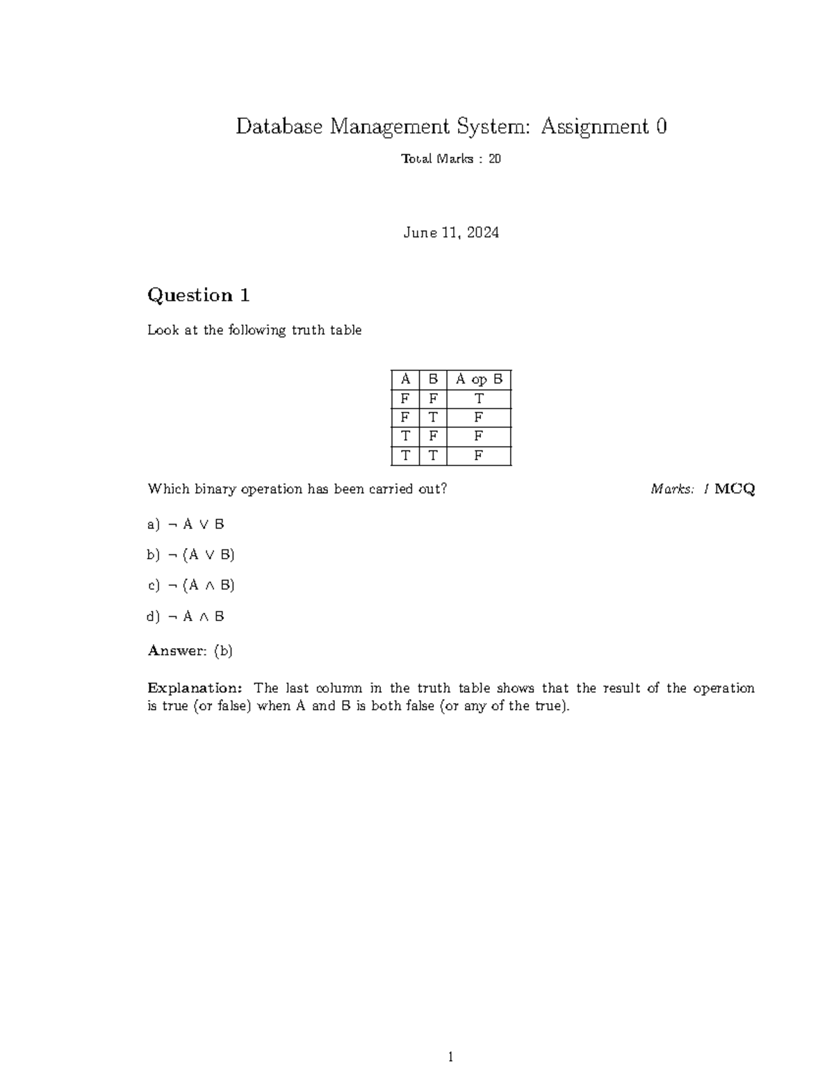 DBMS Assignment 0 - Multiple Choice Questions (July 2024) - Studocu