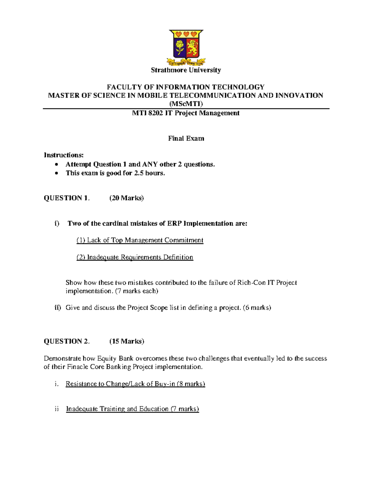 MTI 8202 - IT Project Management Final Exam Instructions - Aug 2013 ...