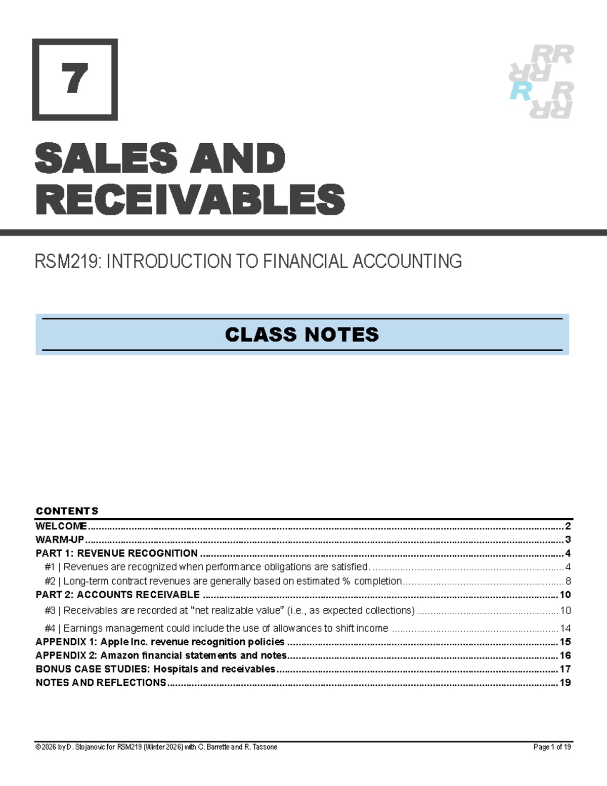 RSM219: Class 7 - Revenues and Receivables Workbook Notes - Studocu