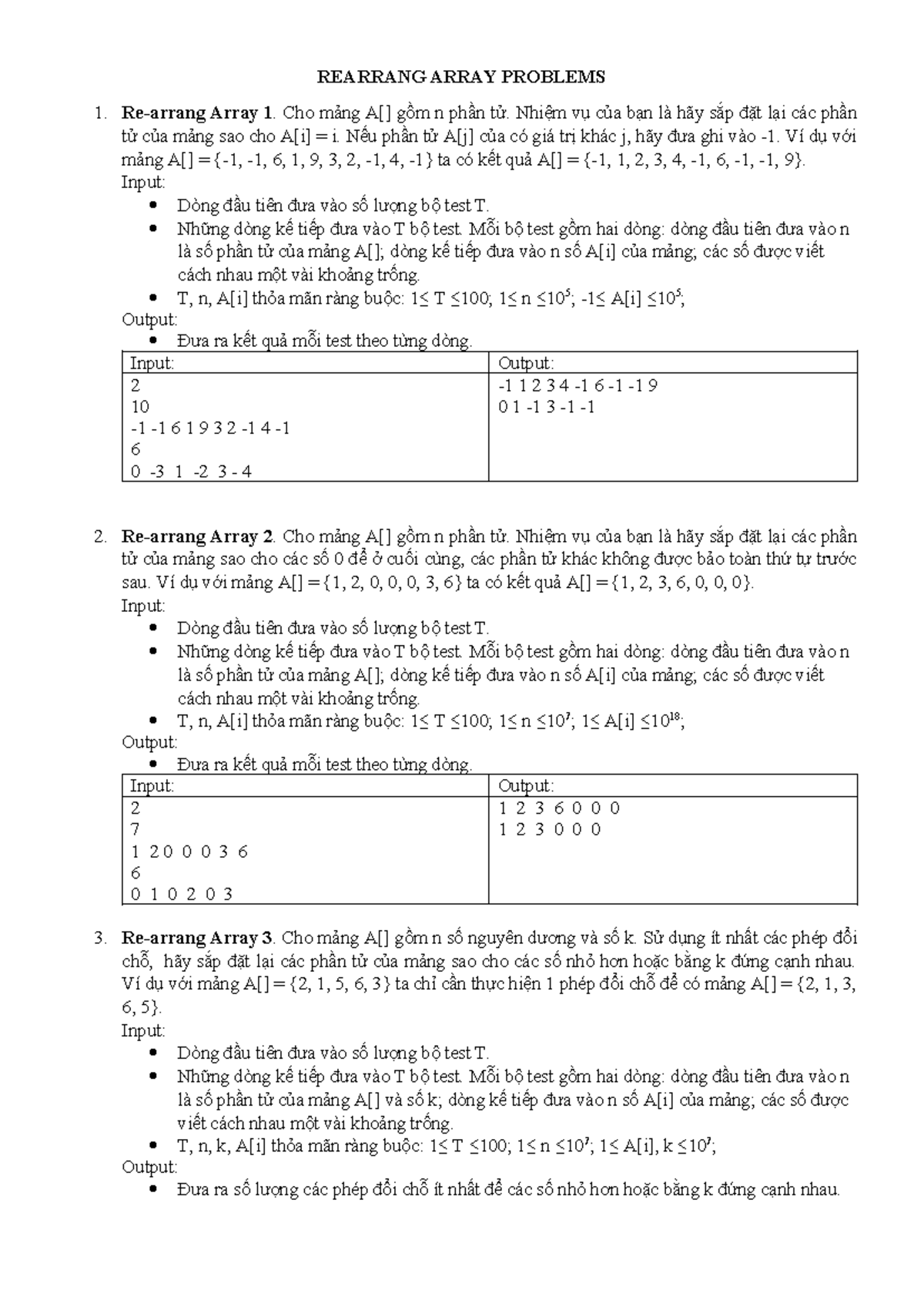 Rearranging Array Problems: Practice Material for CS101 - Studocu