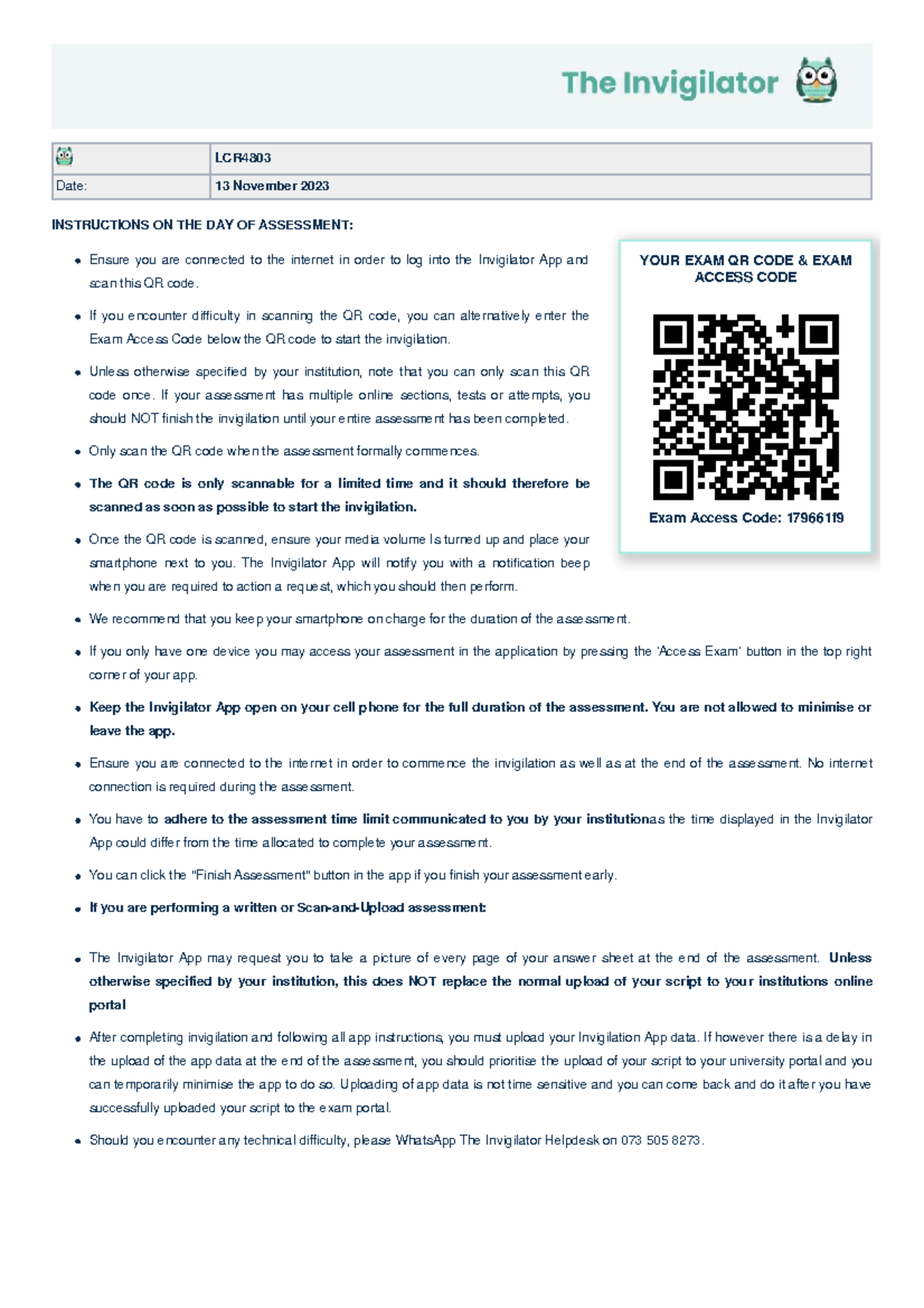LCR4803 Exam Instructions: QR Code & Invigilator App Guidelines - Studocu