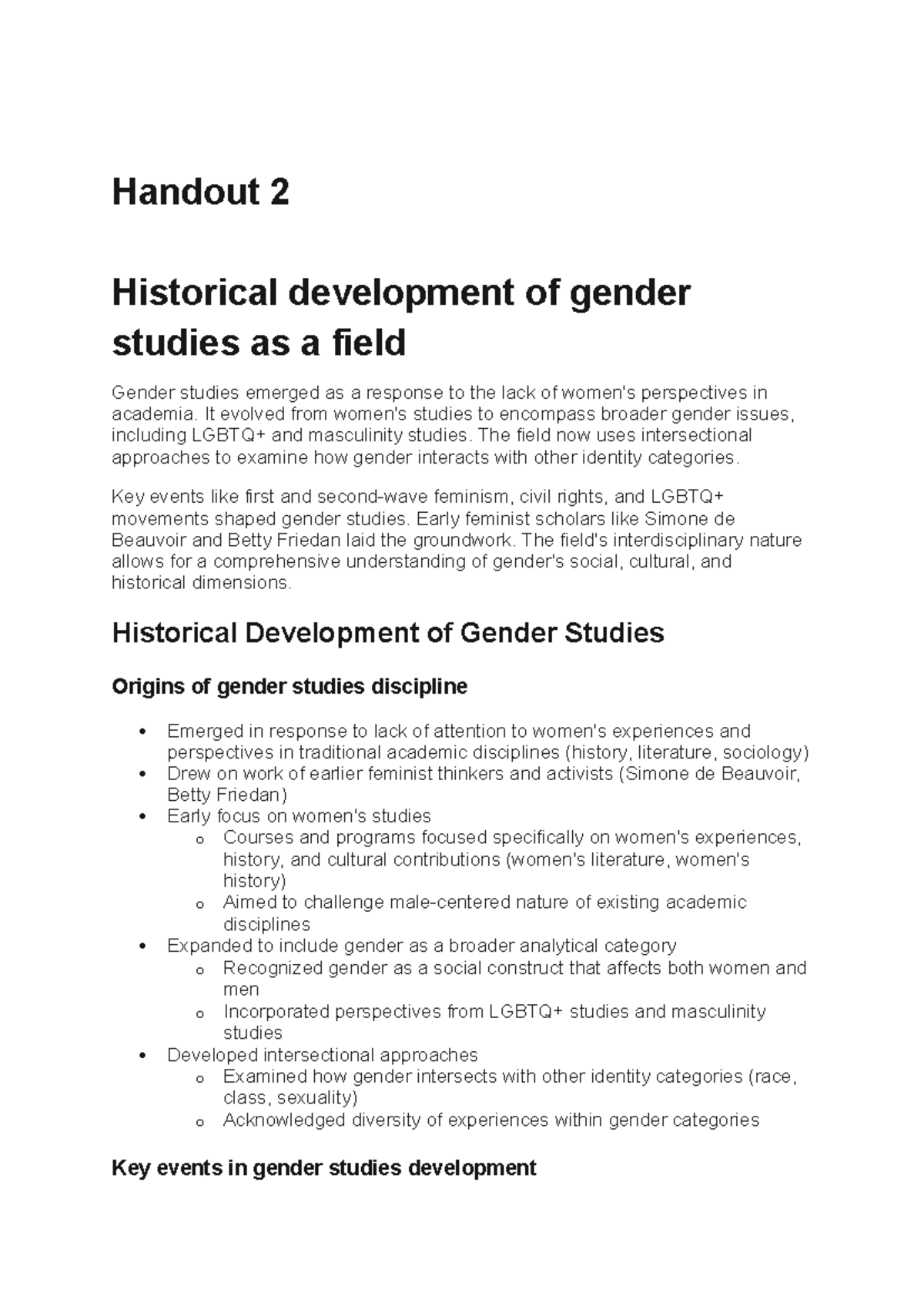 Handout 2 - Historical Development of Gender Studies - Studocu