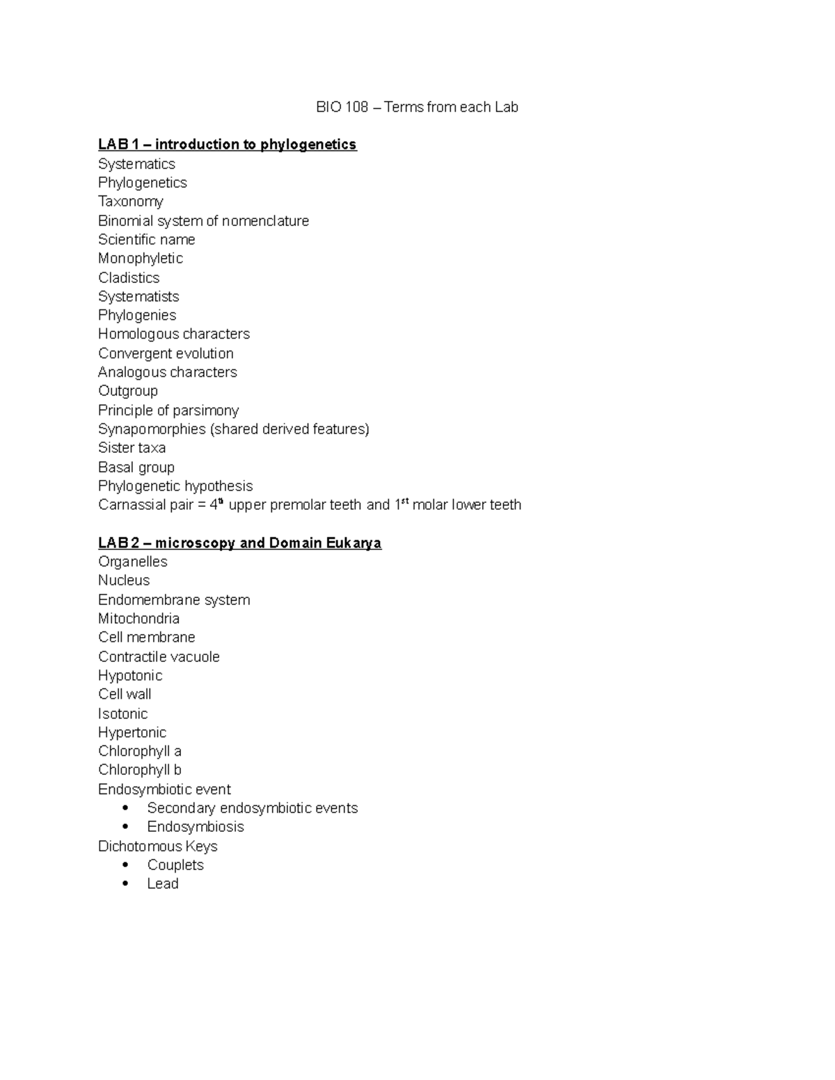 BIO 108 - LAB Final Exam Study Notes: Key Terms from Each Lab - Studocu