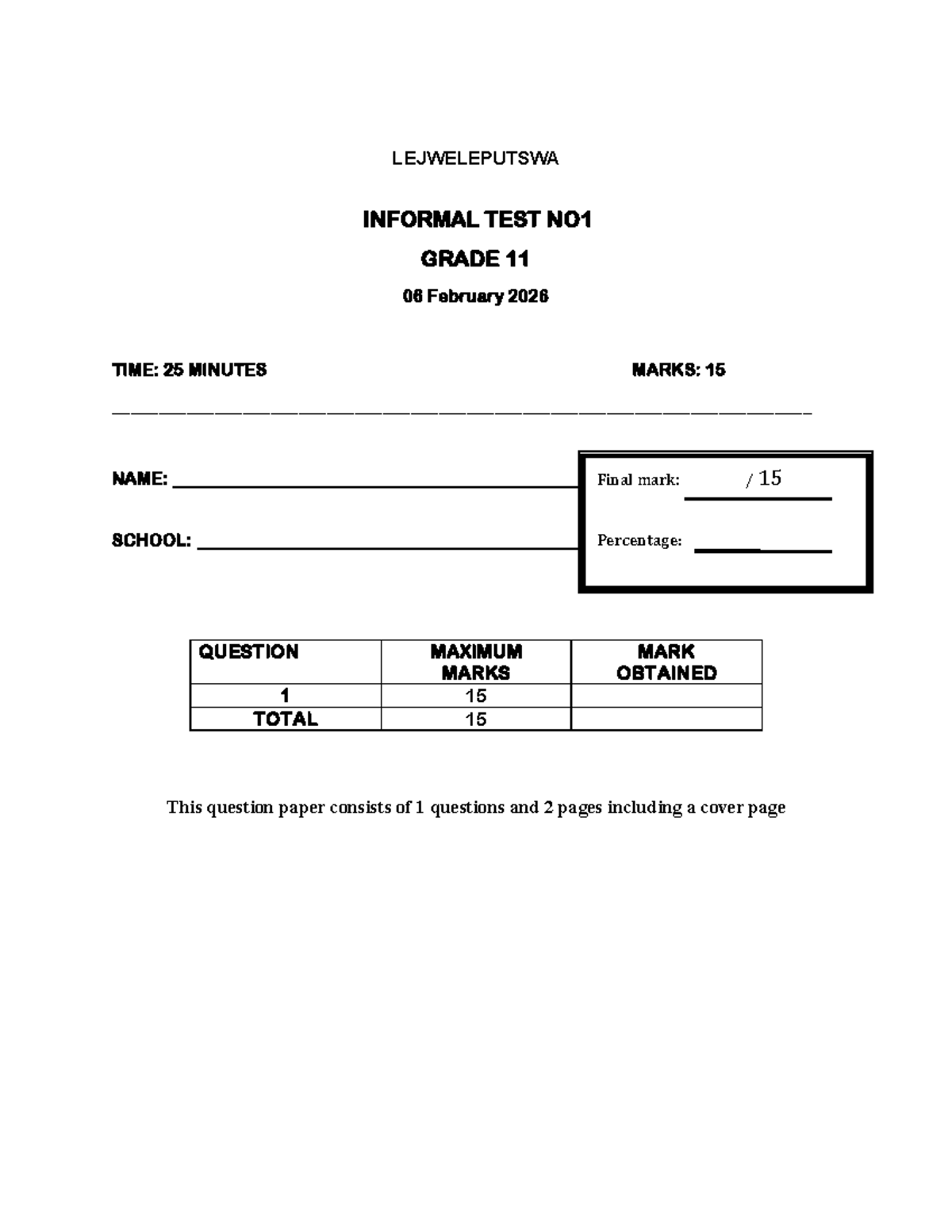 LEJWELEPUTSWA GRADE 11 INFORMAL TEST NO 1 - Studocu