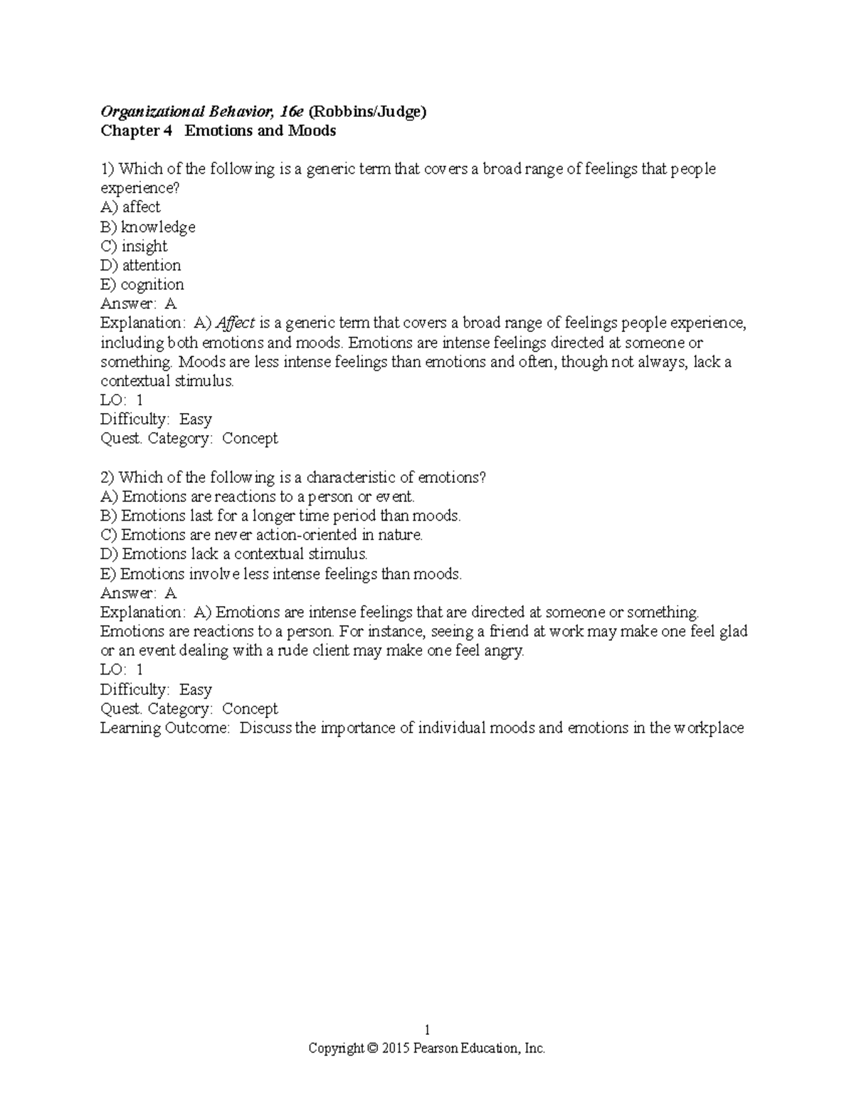 Chapter 4 - Emotions and Moods: Test Bank for OB 16e - Studocu