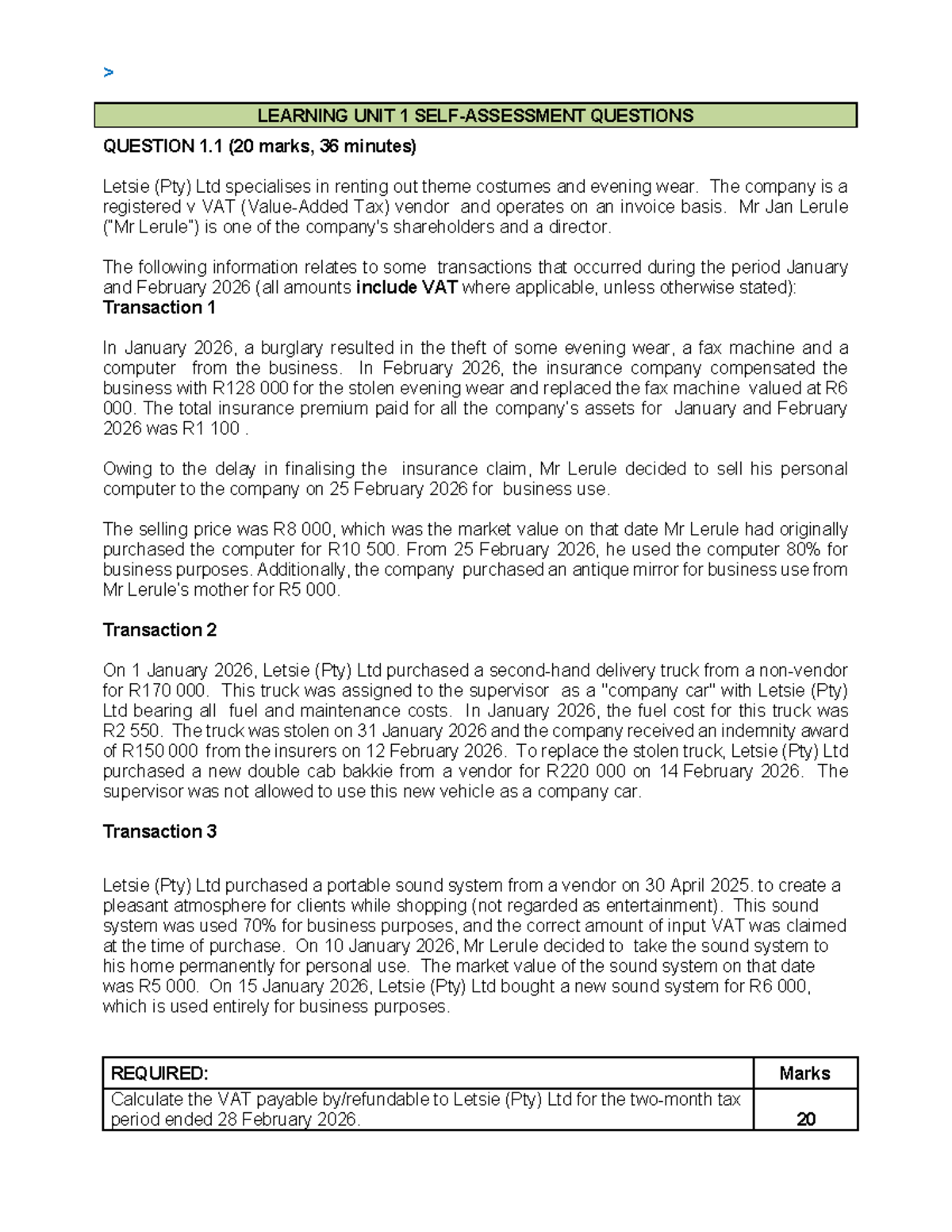LU1 2026 Self-Assessment Questions on VAT Calculations - Studocu