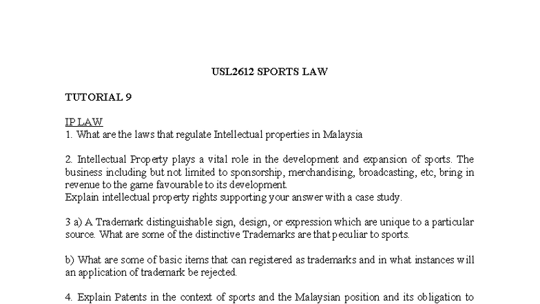 USL2612 SPORTS LAW TUTORIAL 9: Intellectual Property in Sports - Studocu