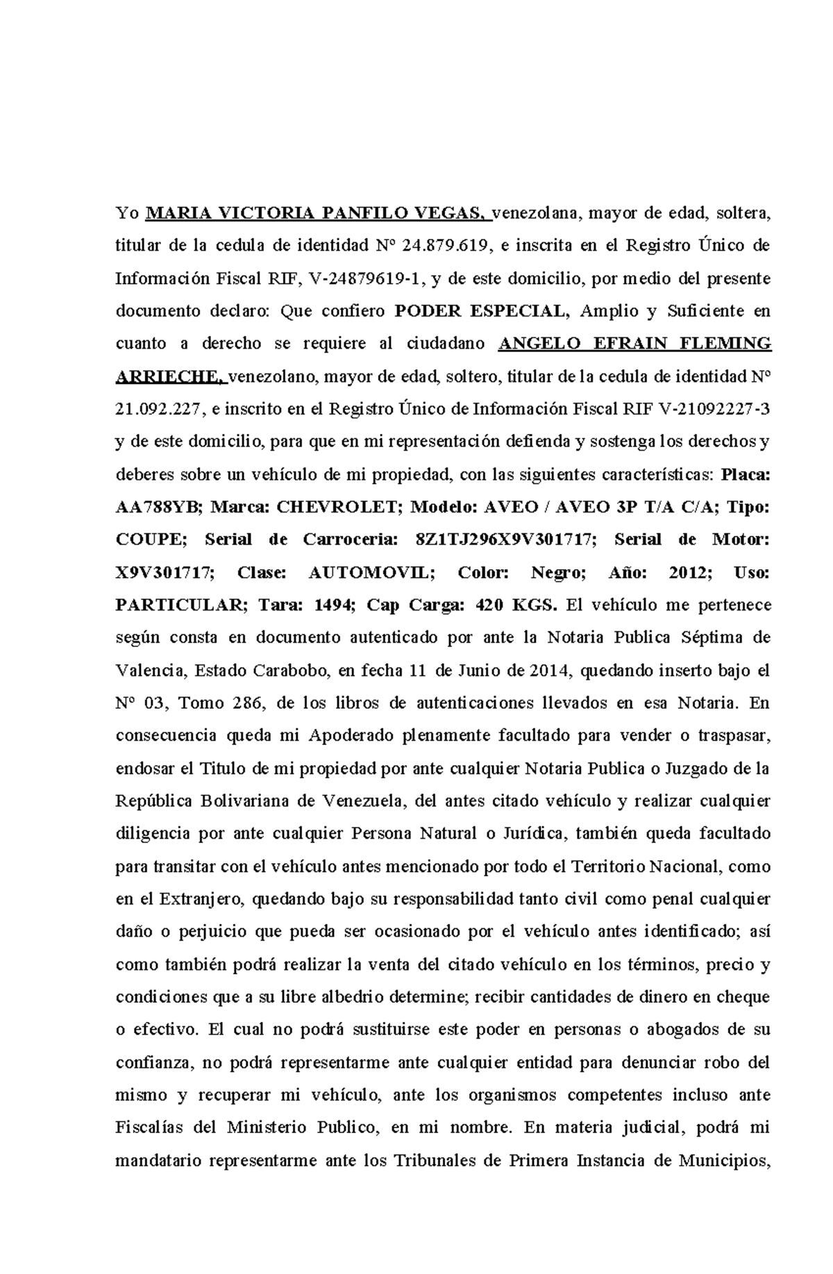 Poder Especial para Administración de Vehículo - Maria V. Panfilo - Document Preview