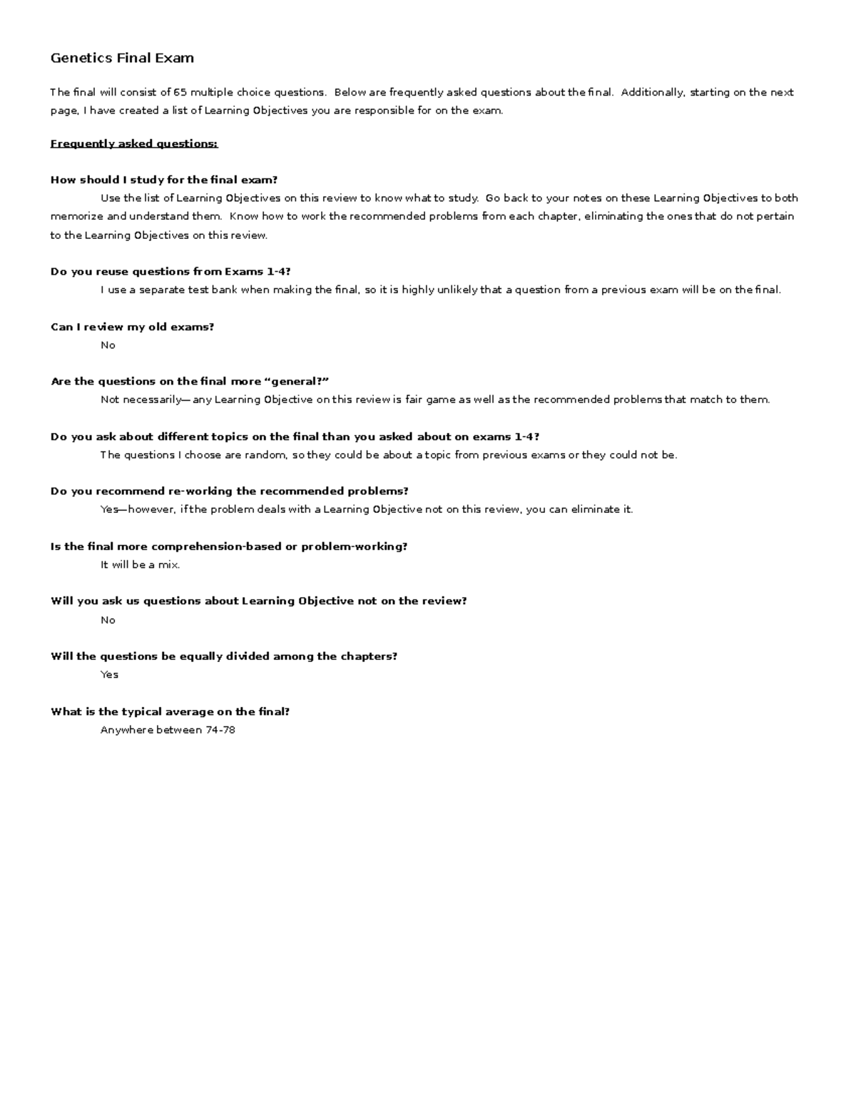 BIO 2306 Genetics Final Exam Comprehensive Review Guide - Studocu