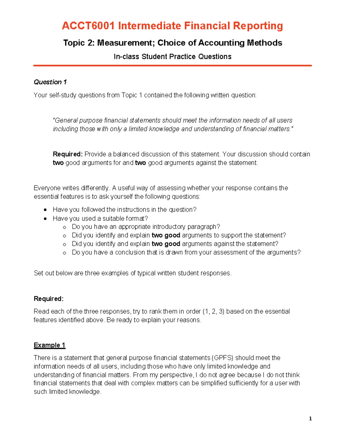 ACCT6001 In-class Questions on Intermediate Financial Reporting - Topic ...