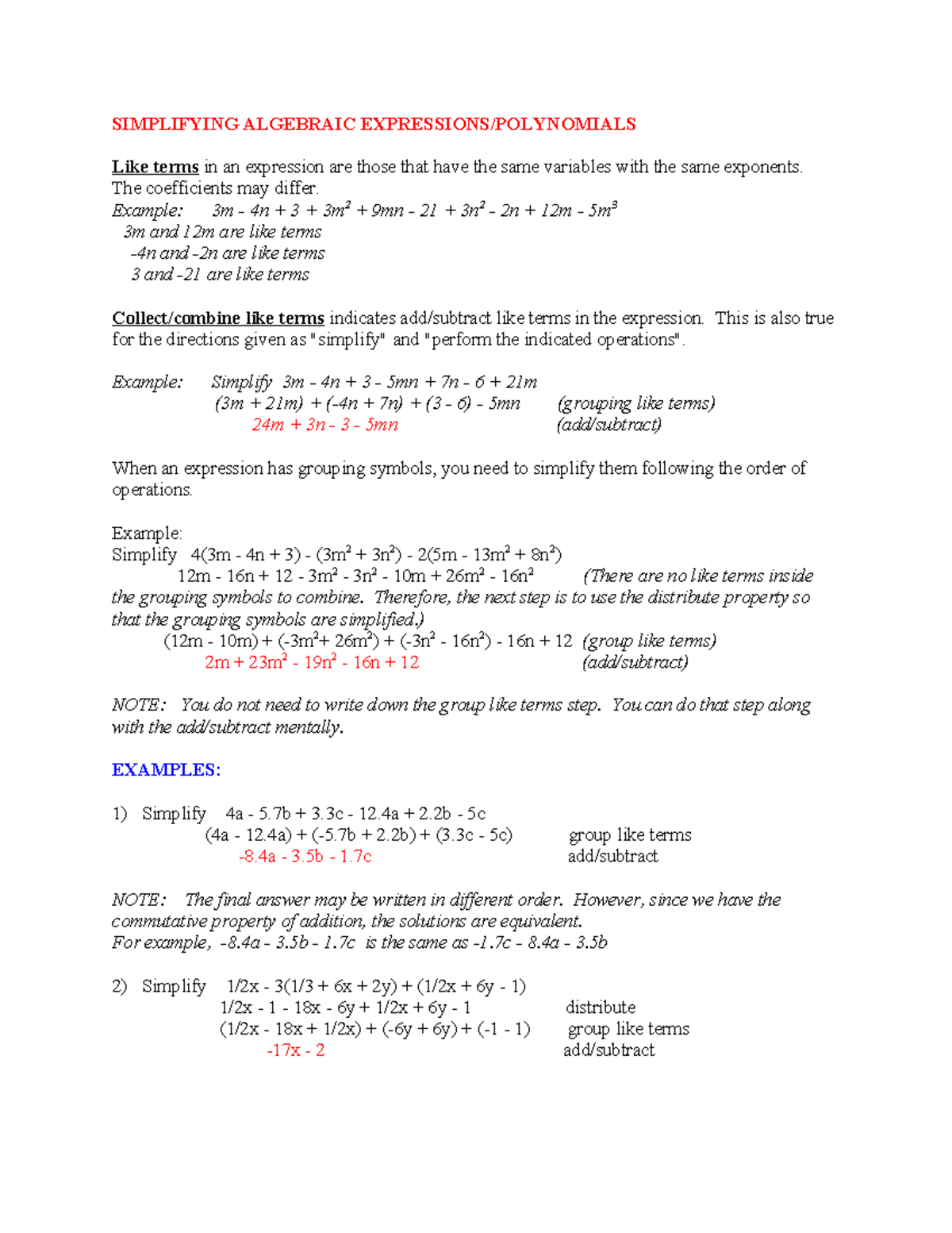 154152504 Simplifying Algebraic Expressions and Like Terms - Studocu
