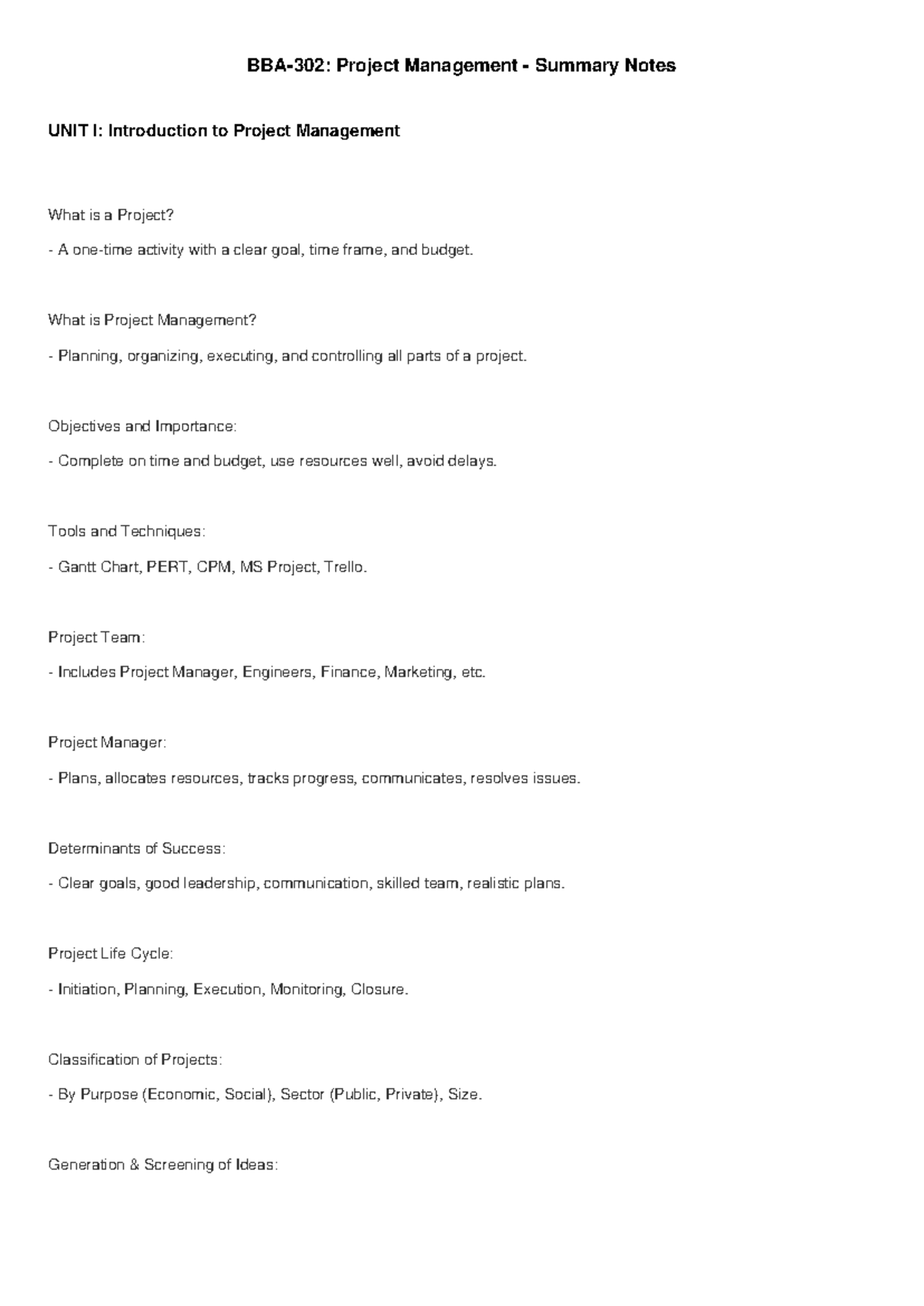 BBA-302 Project Management Summary Notes: Key Concepts & Techniques ...
