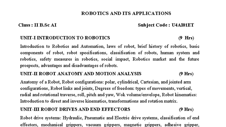U4AI01ET: Introduction to Robotics - Key Concepts & Applications - Studocu