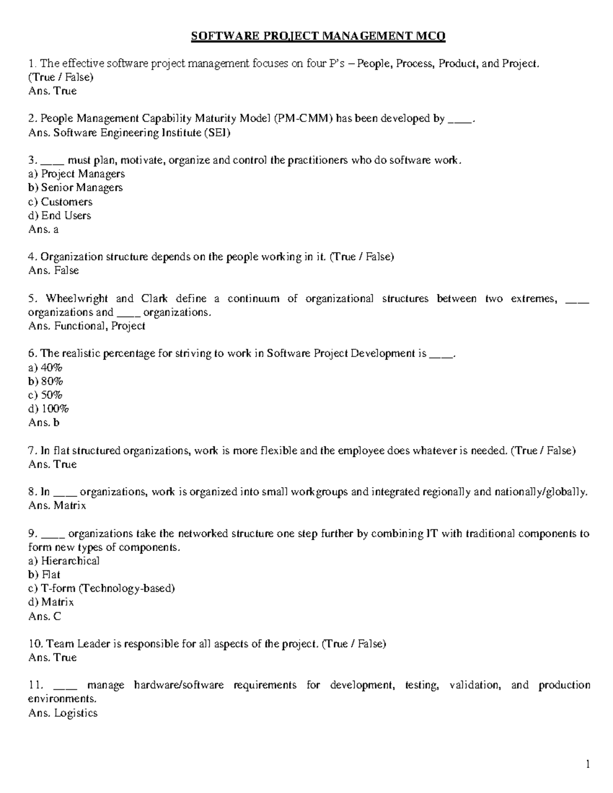 Software Project Management MCQs for Effective Learning - Studocu