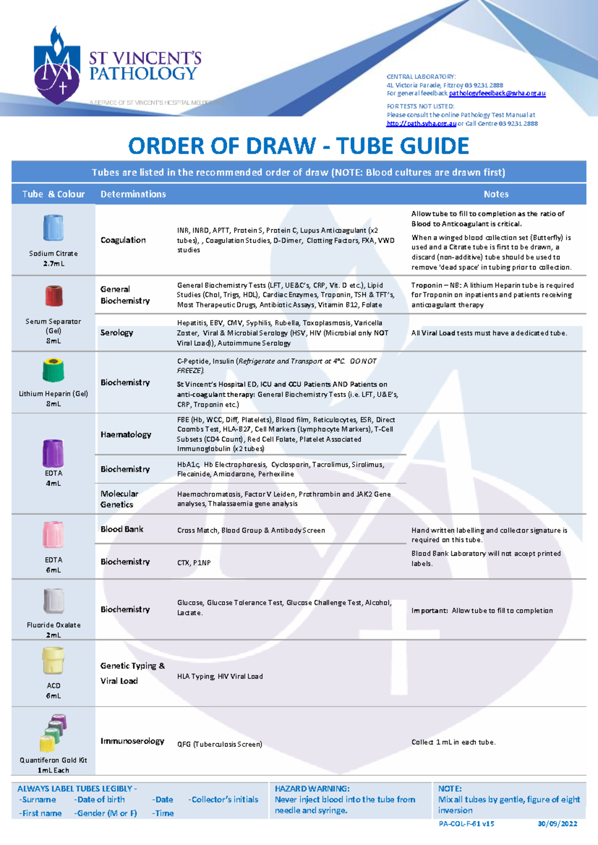 Tubeguide - bloods - ALWAYS LABEL TUBES LEGIBLY - HAZARD WARNING: NOTE ...
